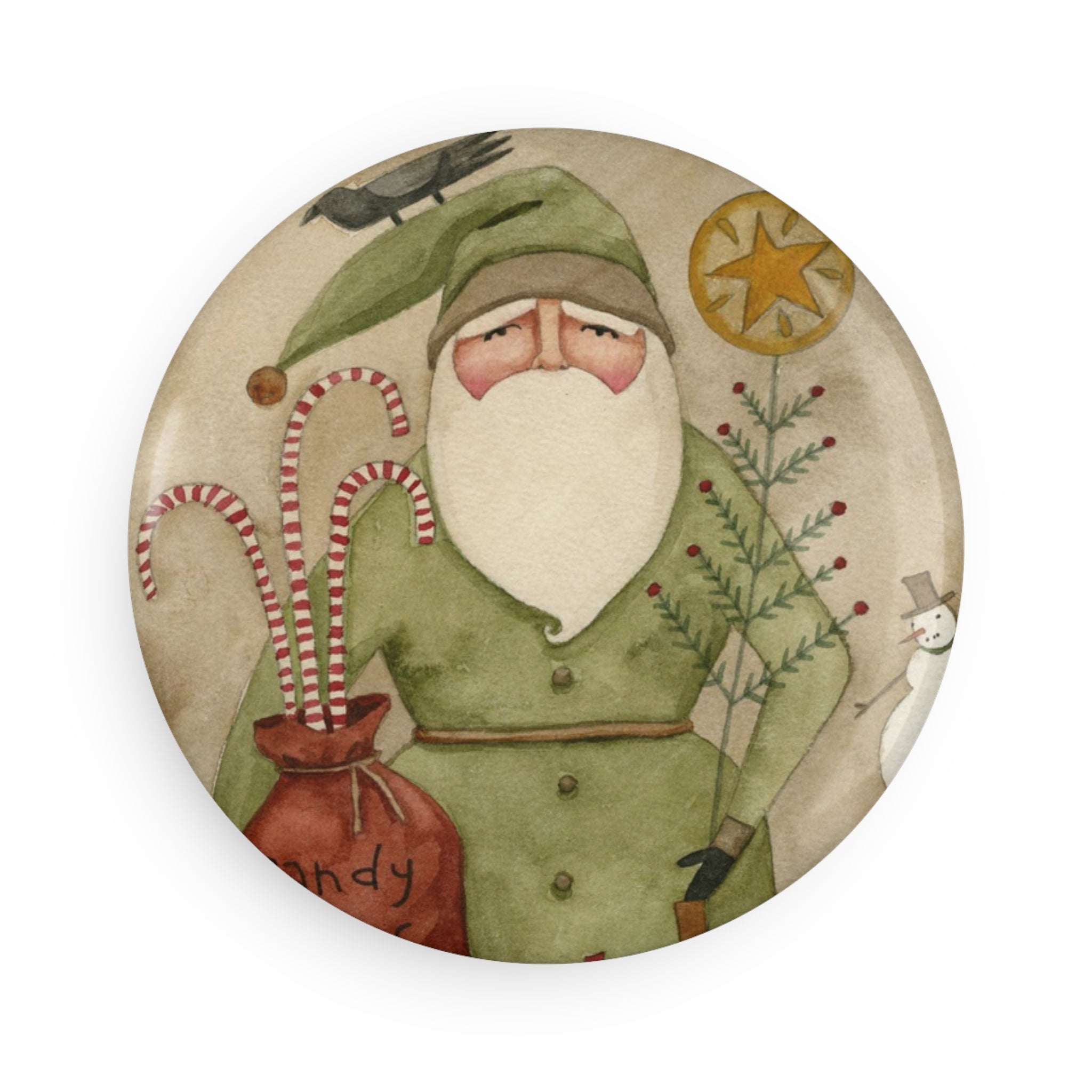 Green Coat Santa Round Button Magnet