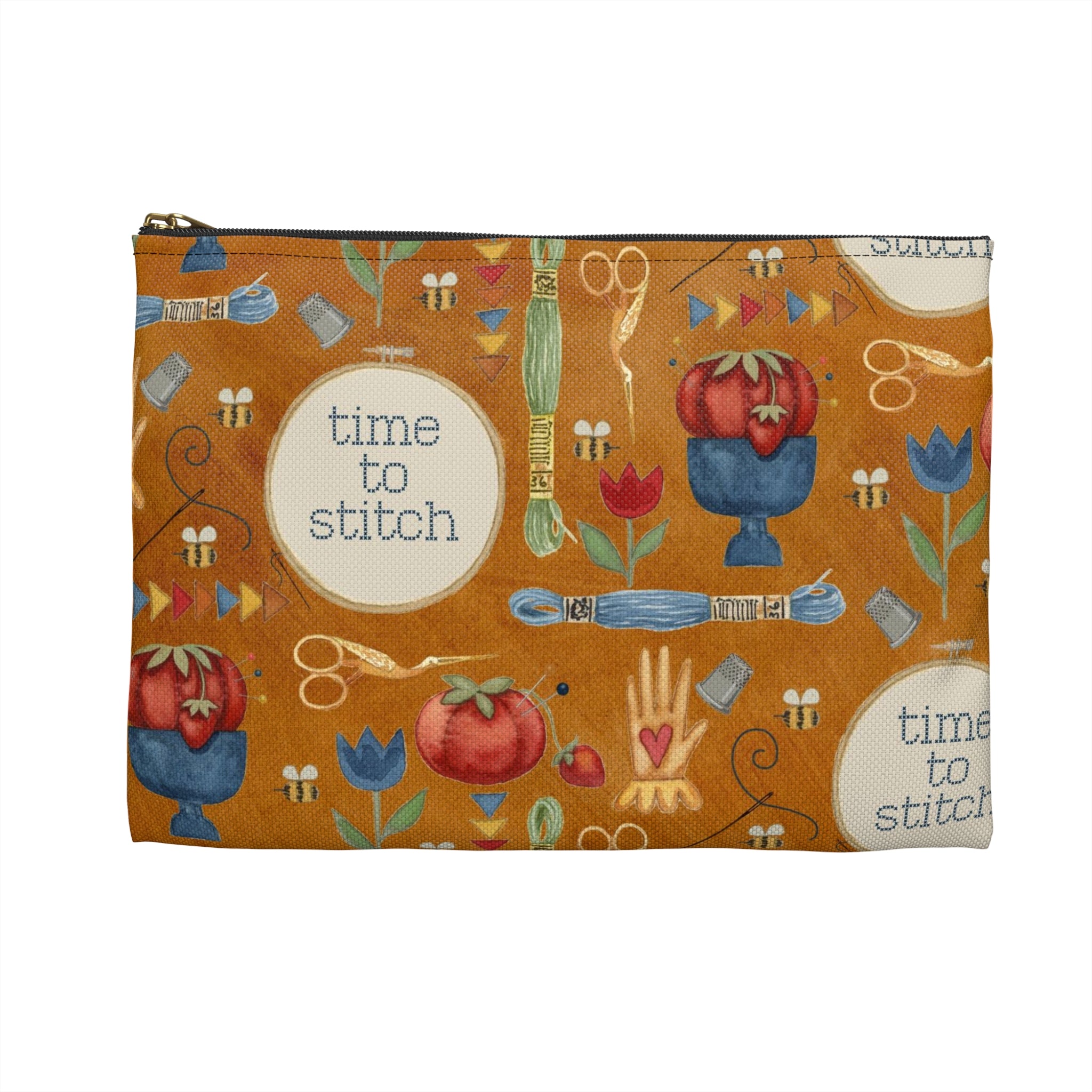Stitchy Birds Hoops & Vines (Camel Color) Accessory Pouch