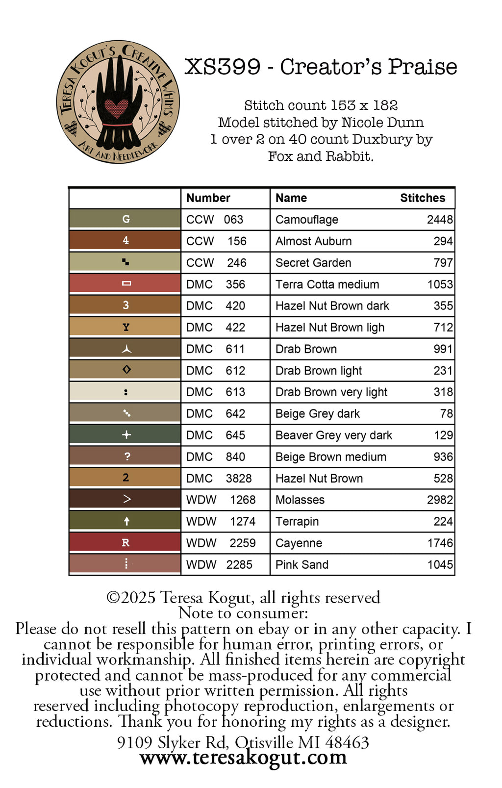 XS399 Creator's Praise Cross Stitch Chart