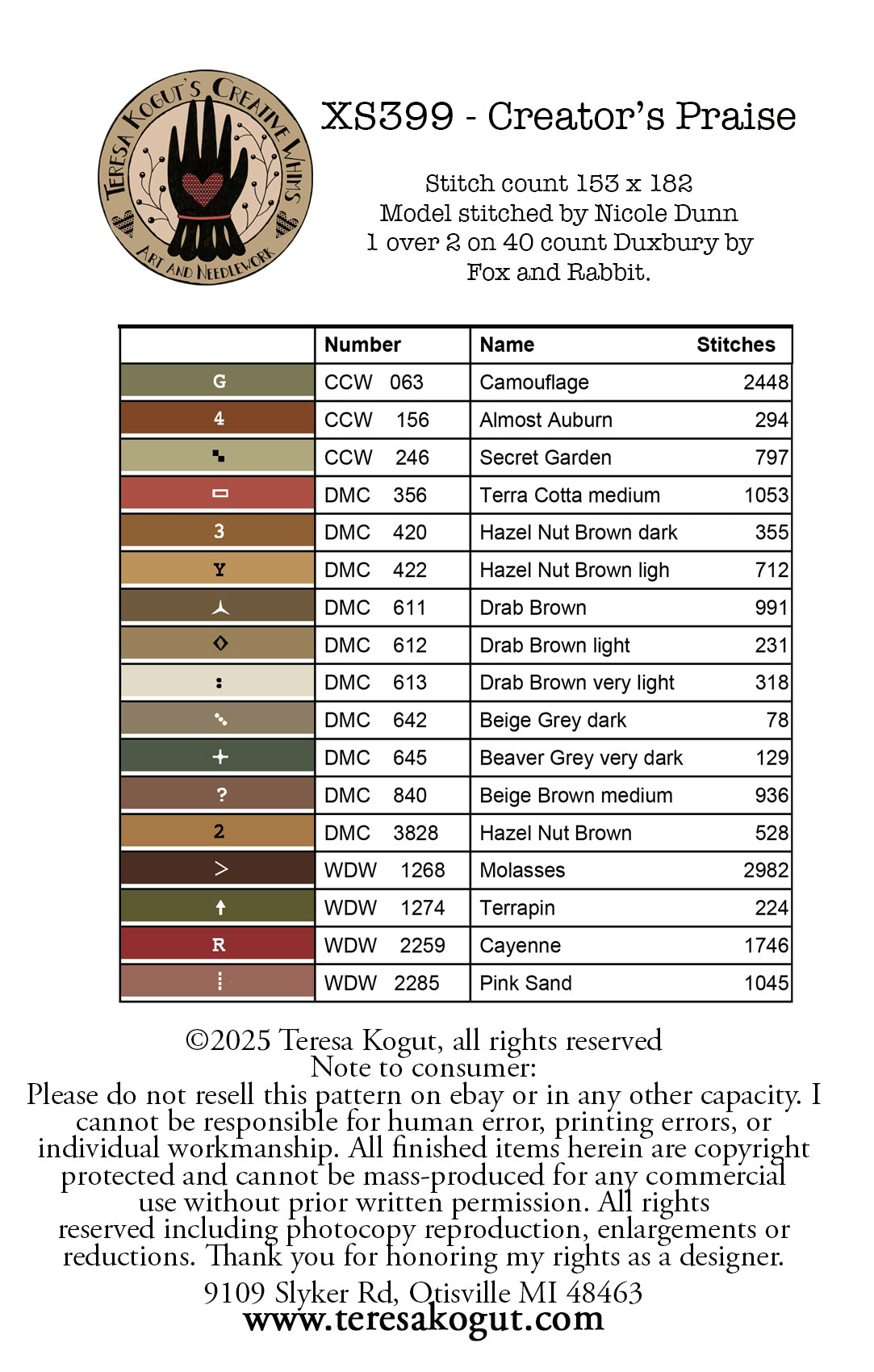 XS399 Creator's Praise Cross Stitch Chart