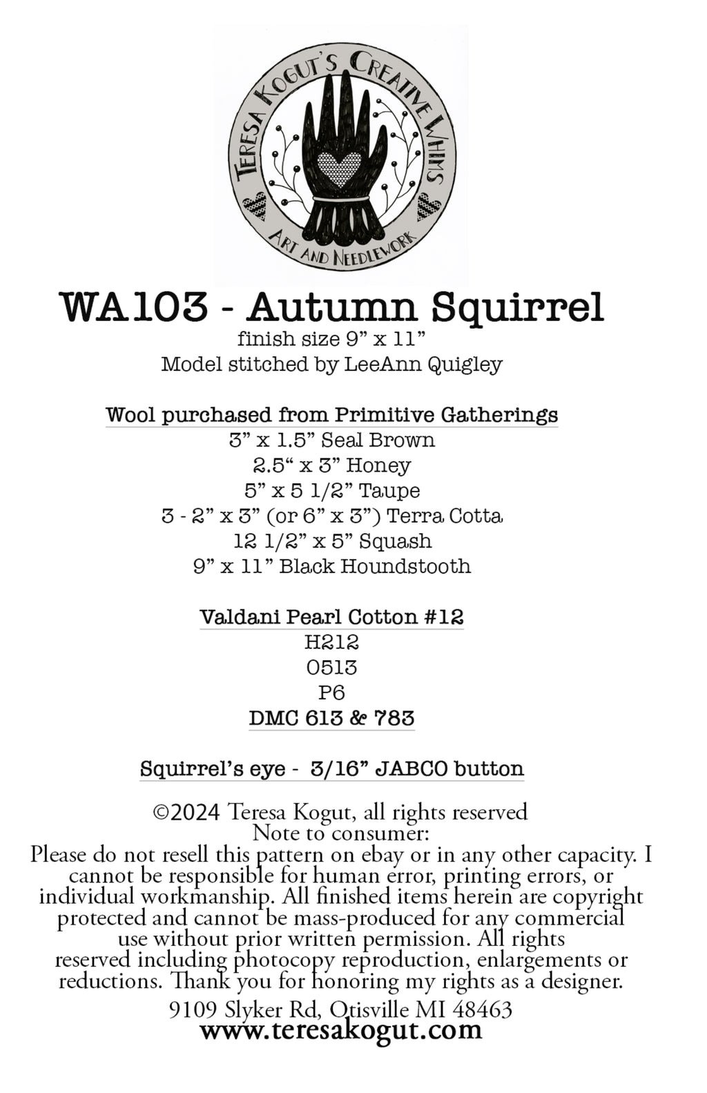 WA103 Autumn Squirrel Wool Applique Pattern