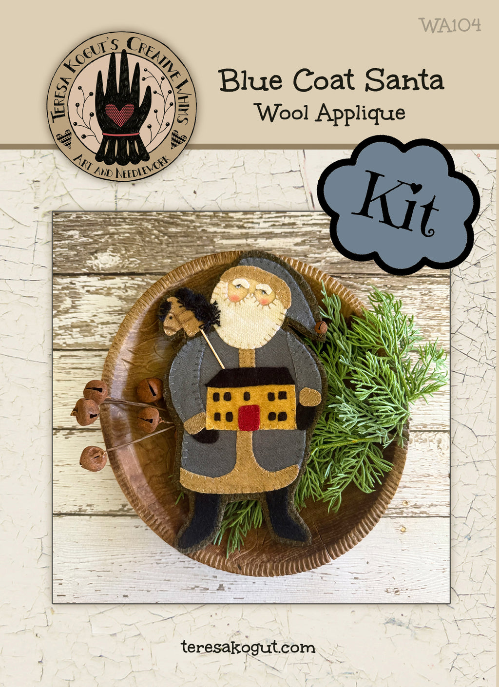 WA104  Blue Coat Santa Wool Applique Pattern KIT