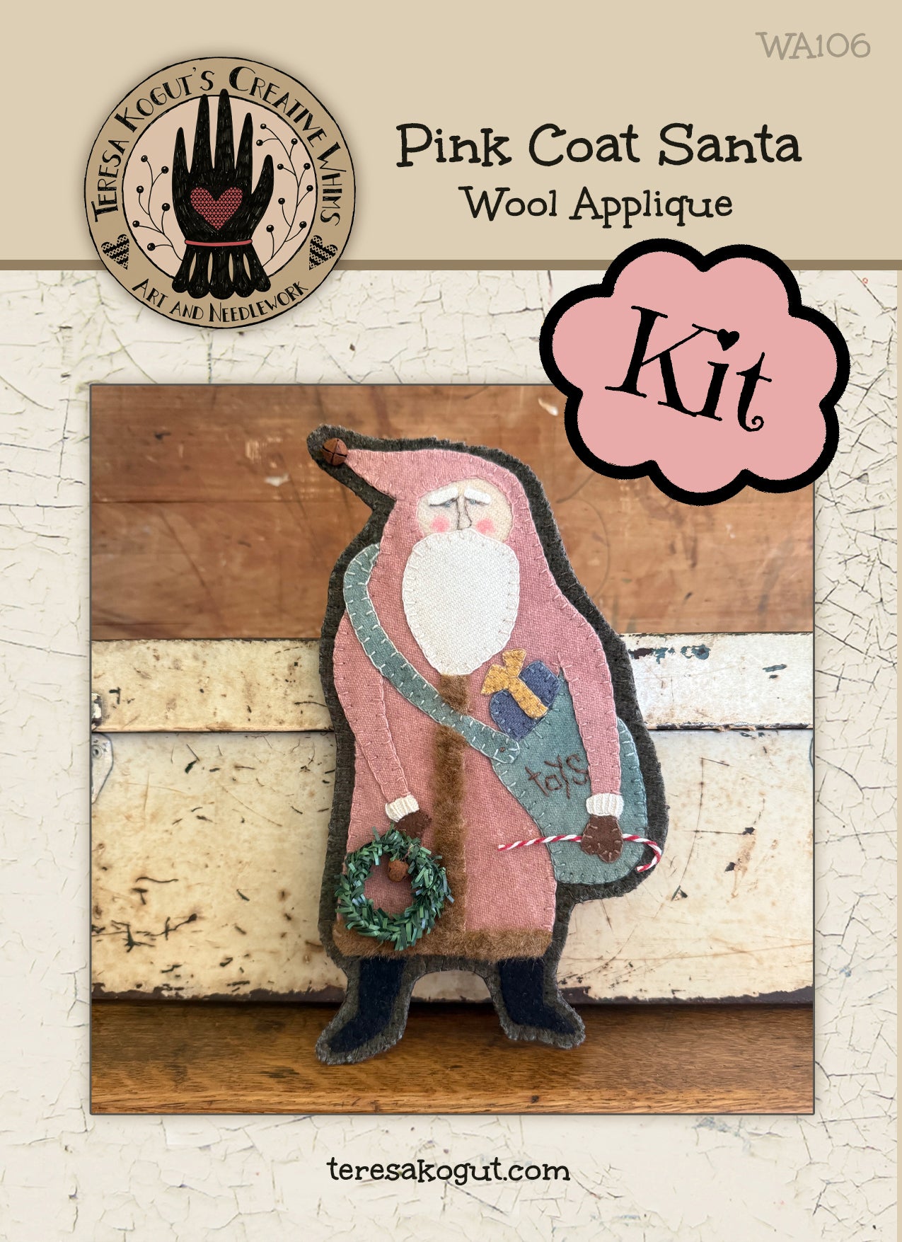 WA106 Pink Coat Santa Wool Applique Pattern KIT