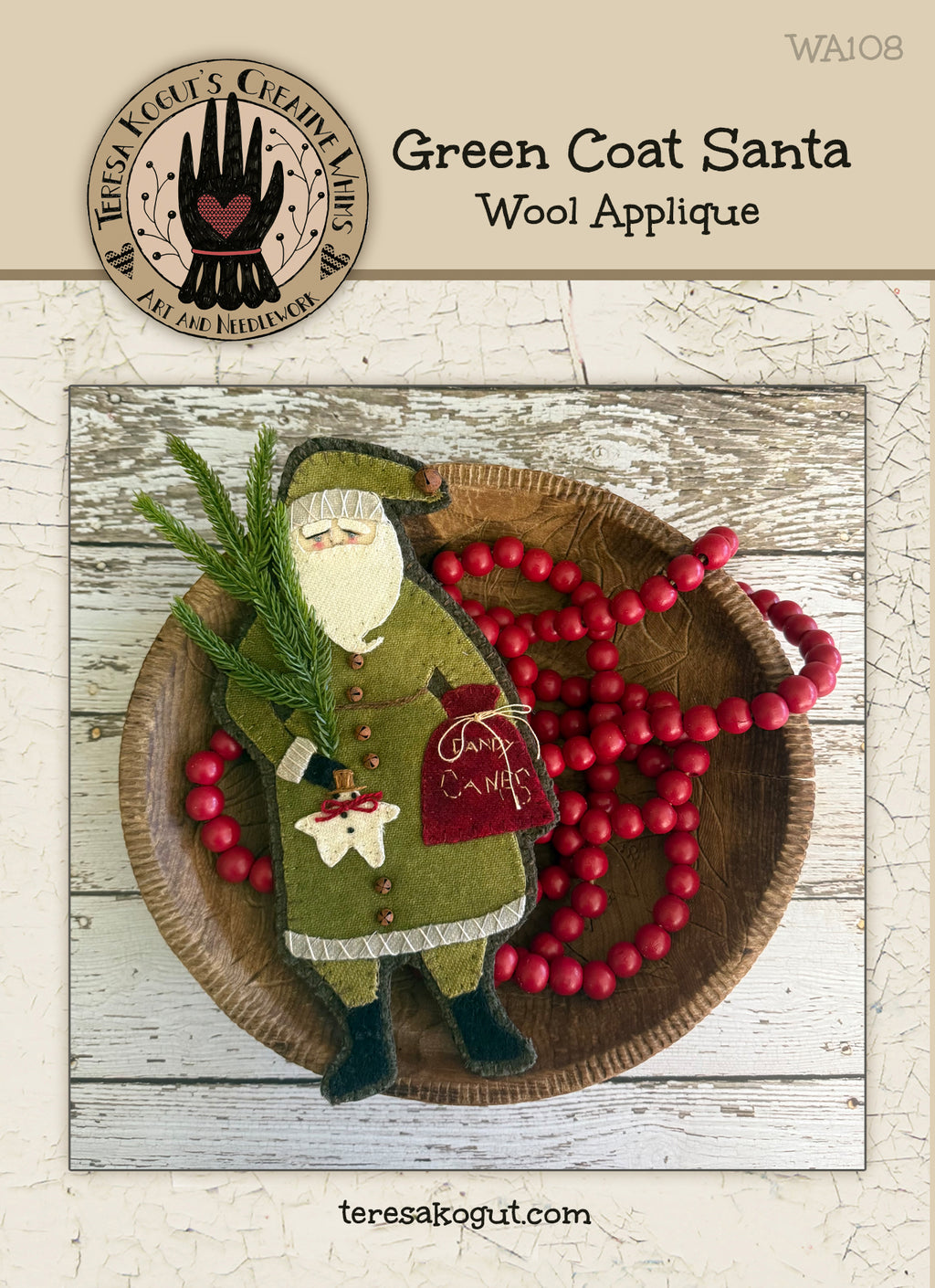 WA108 Green Coat Santa Wool Applique Pattern