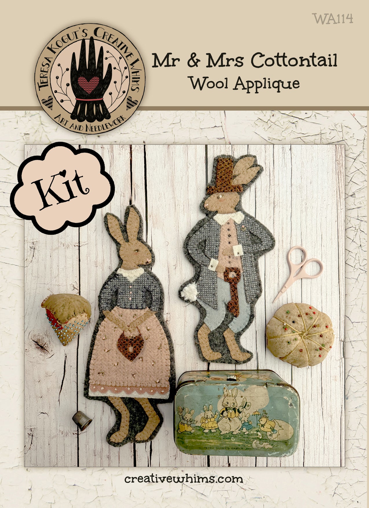 WA114 Mr & Mrs Cottontail Wool Applique Pattern KIT