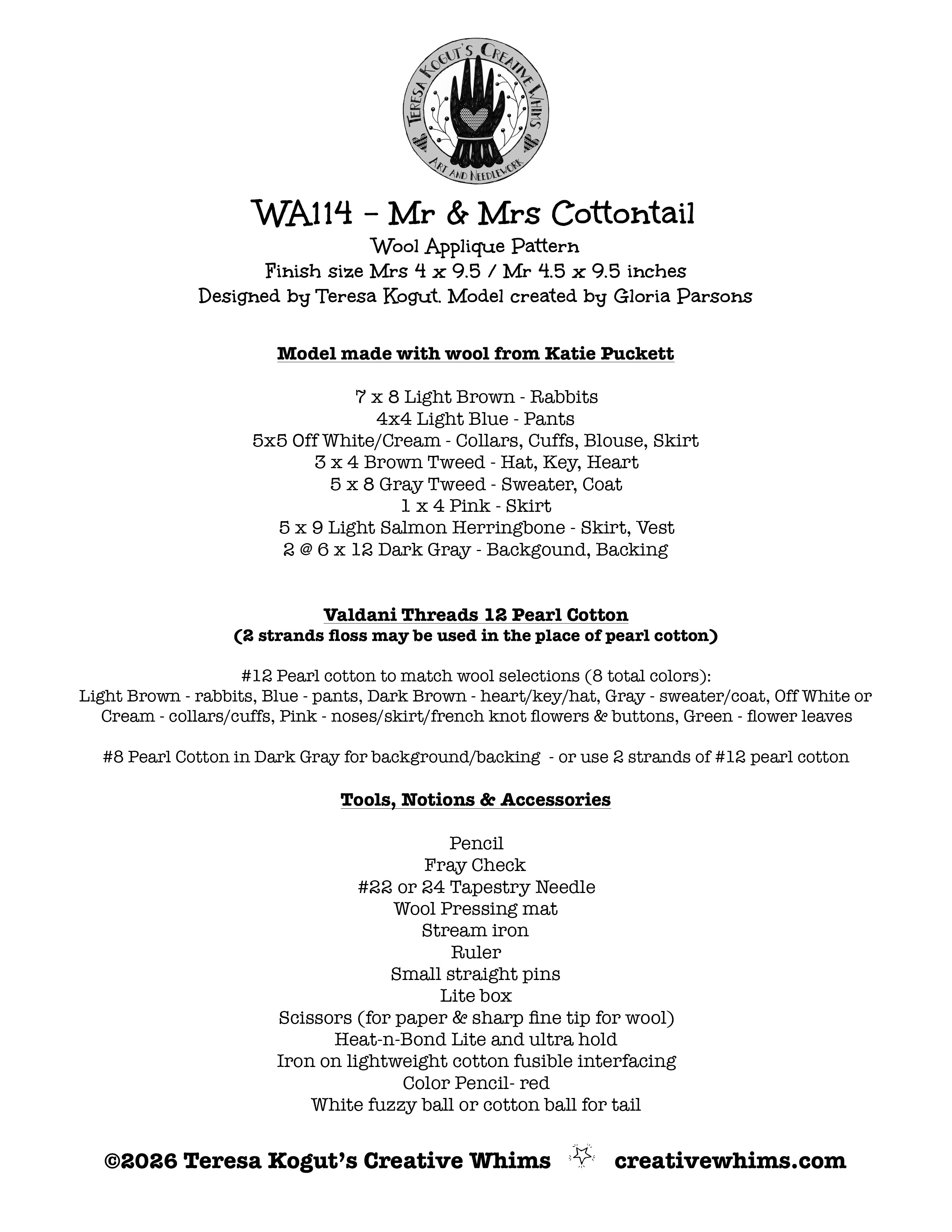WA114 Mr & Mrs Cottontail Wool Applique Pattern