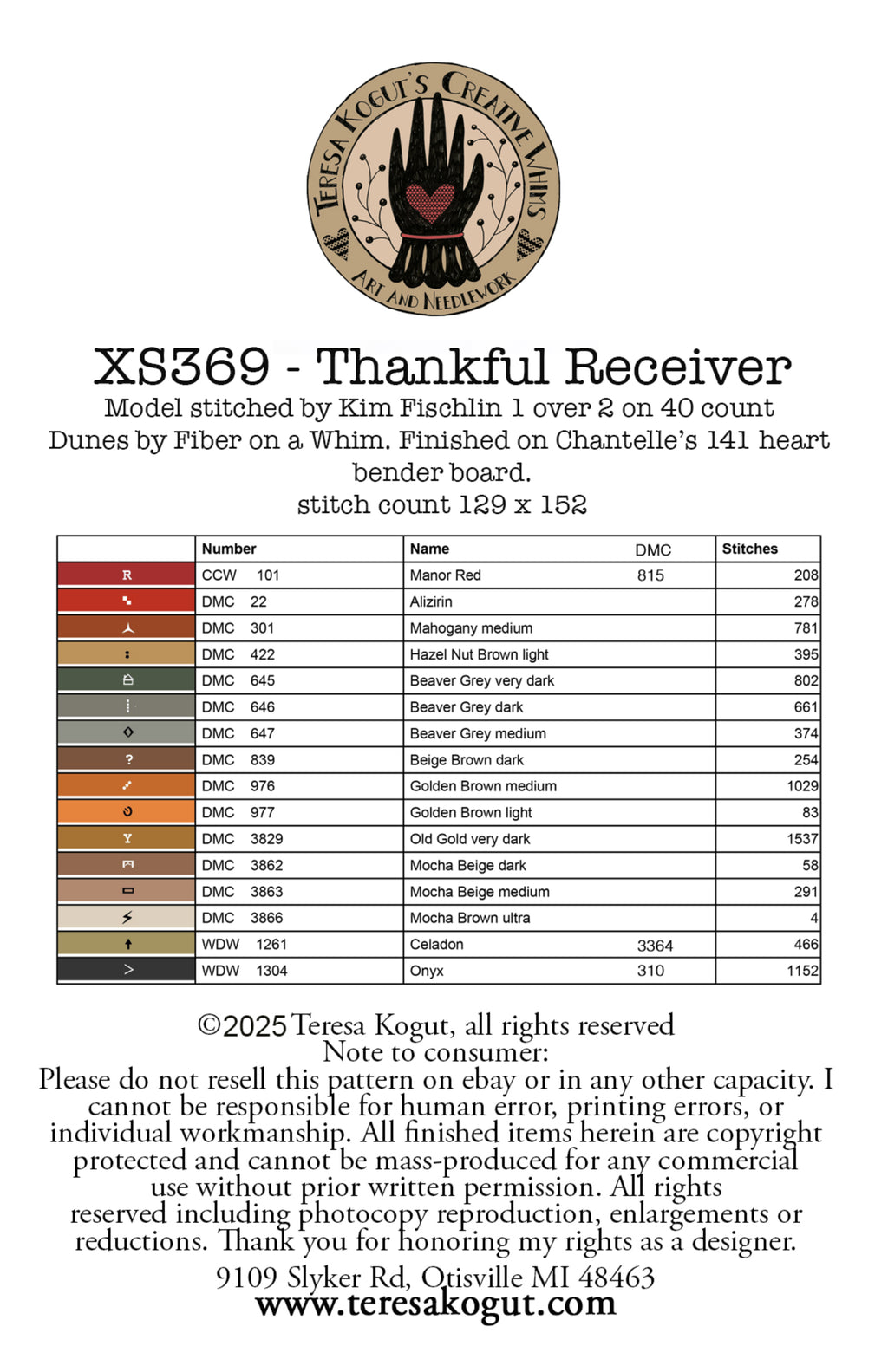 XS369 Thankful Receiver Cross Stitch Chart