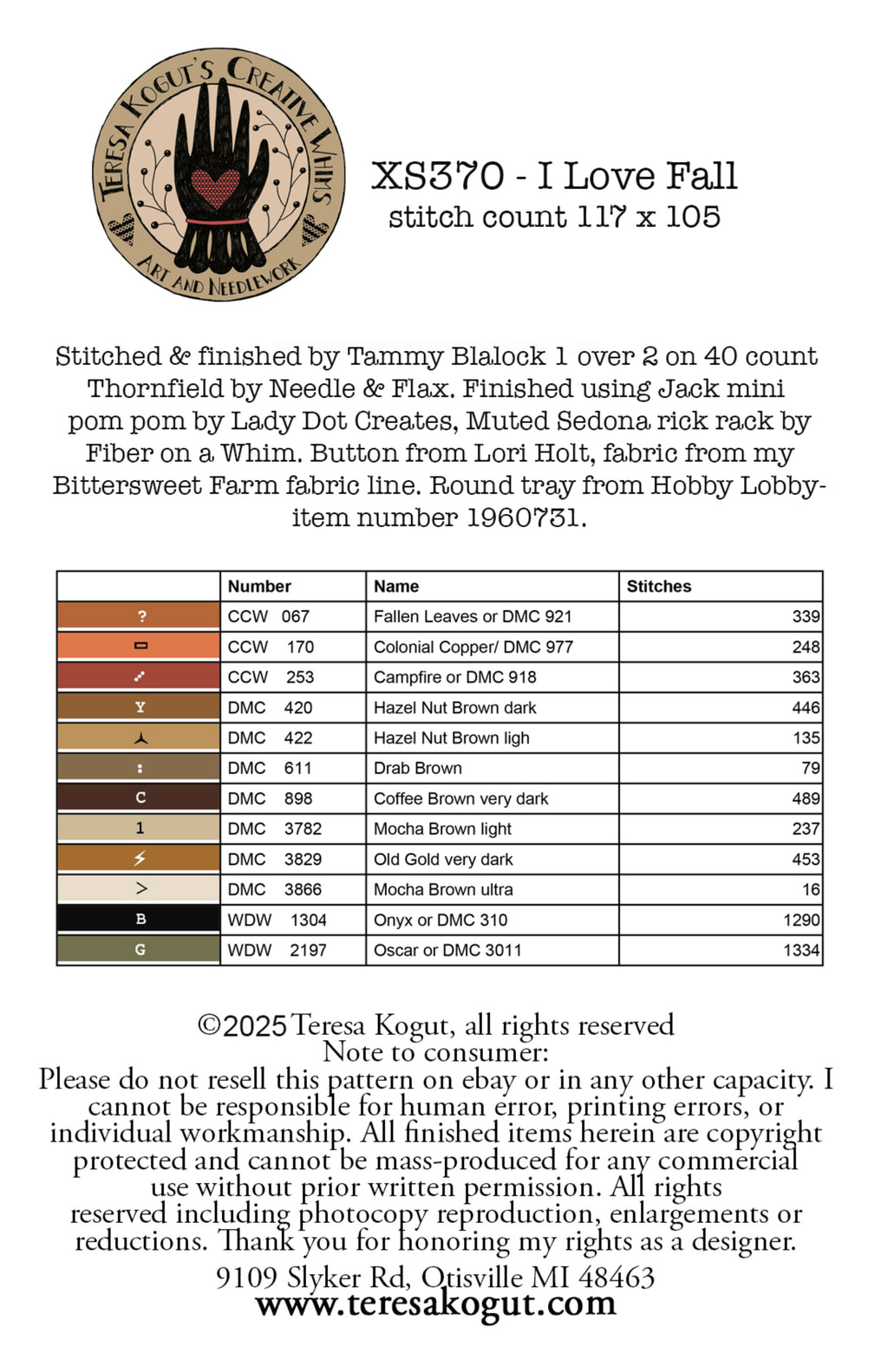 XS370 I Love Fall Cross Stitch Chart