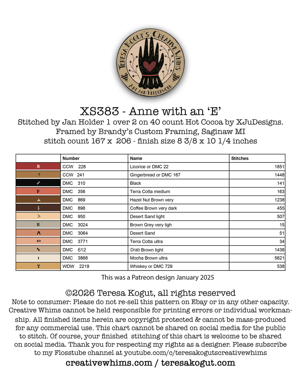 XS383 Anne with an "E"  Cross Stitch Chart