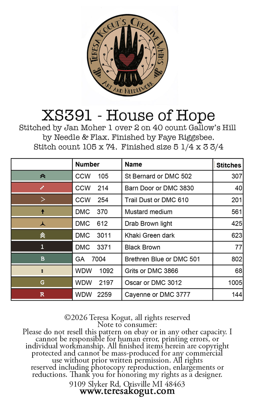 XS391 House of Hope Cross Stitch Chart