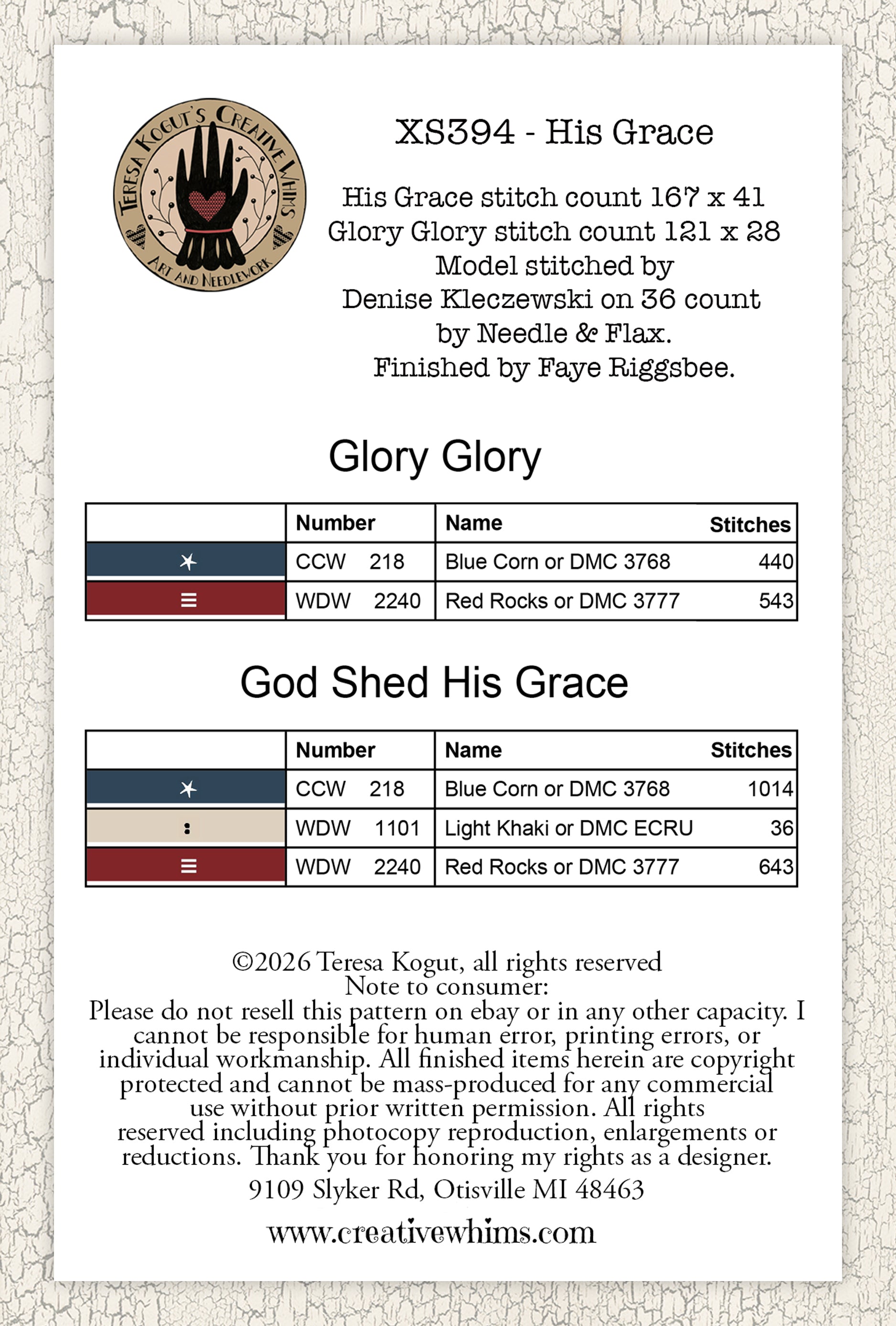 XS394 His Grace Cross Stitch Chart