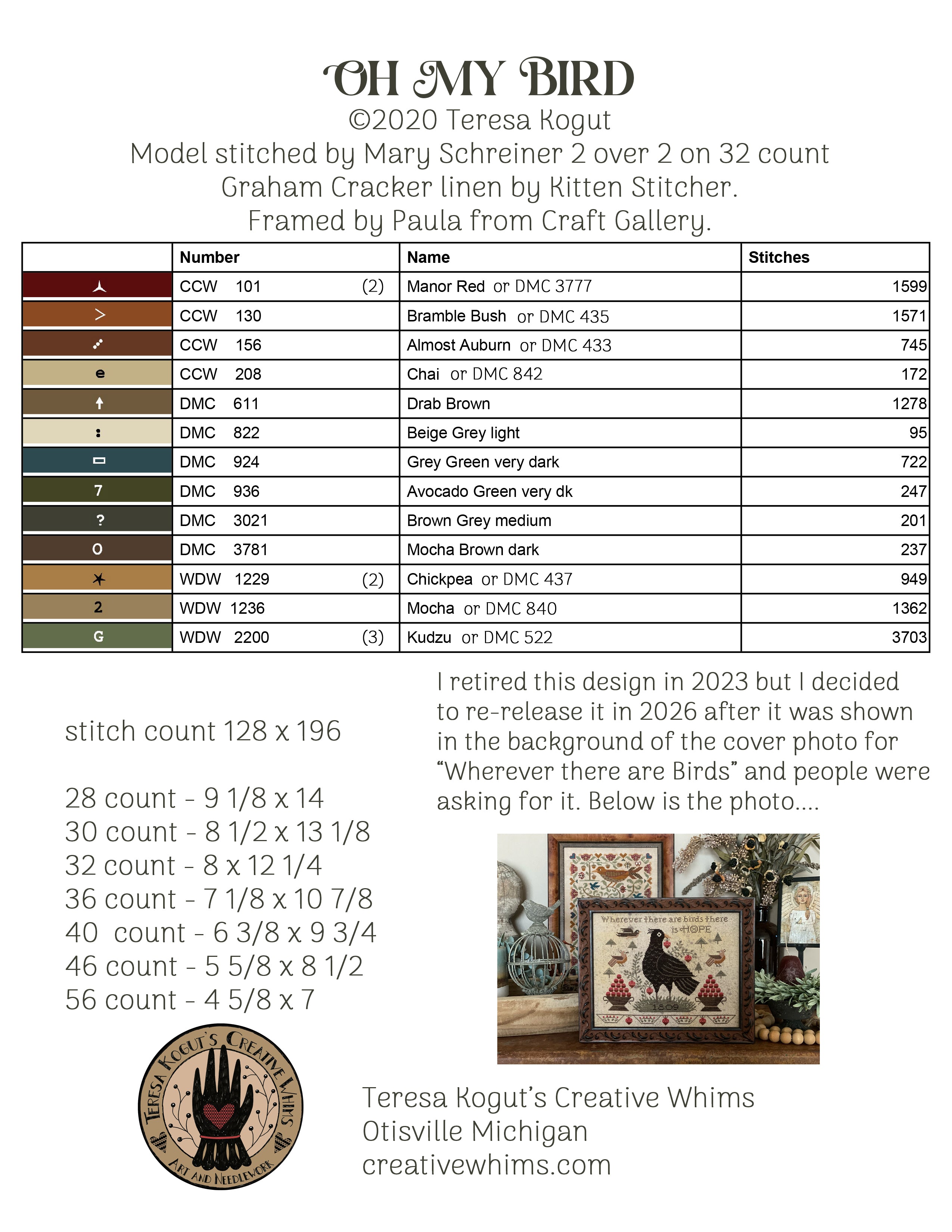 XS4007 Oh My Bird Cross Stitch Chart