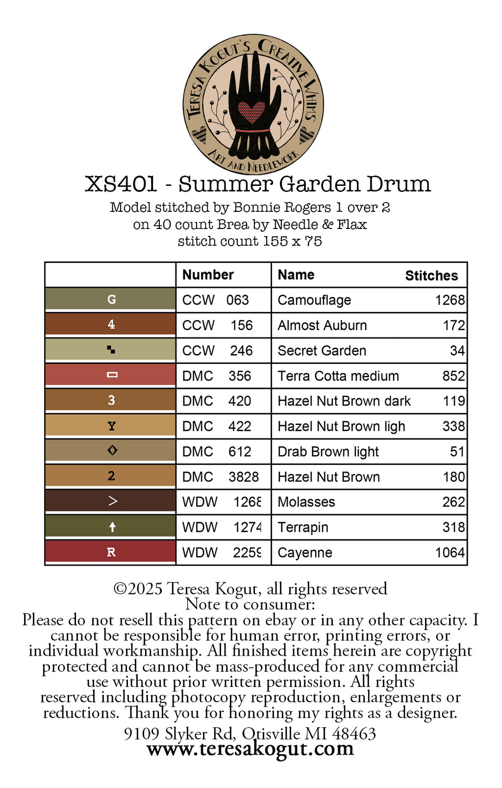 XS401 Summer Garden Drum Cross Stitch Chart