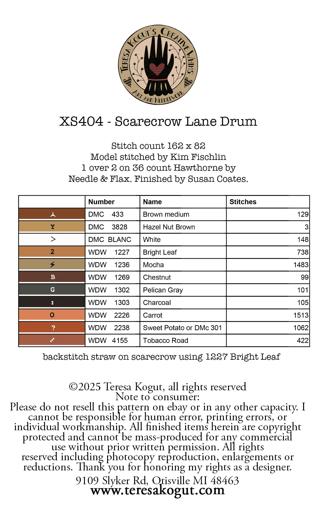 XS404 Scarecrow Lane Drum Cross Stitch Chart