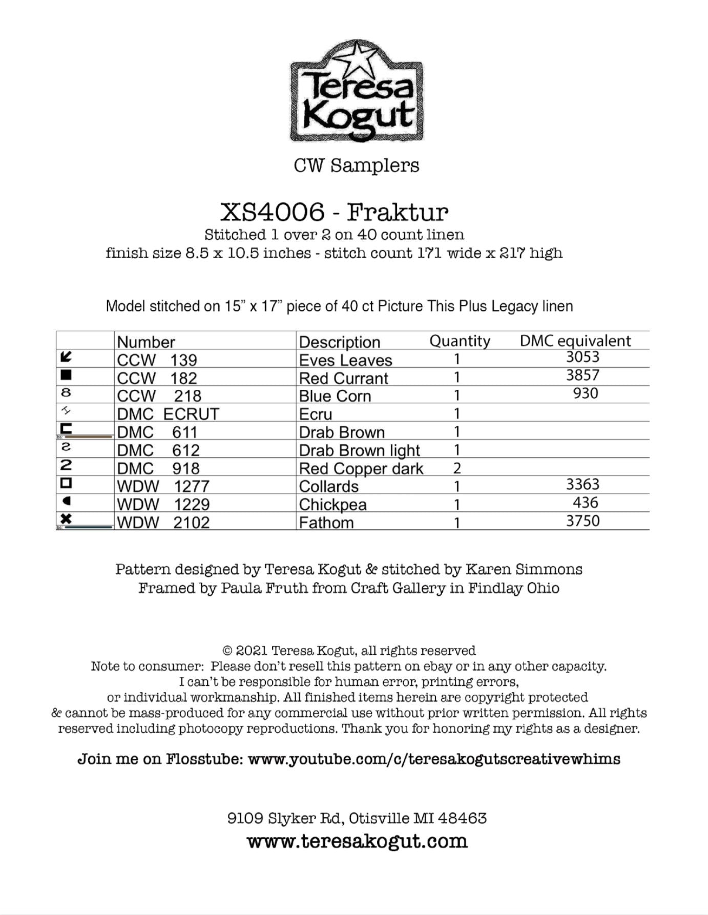 XS4006 Fraktur Sampler Cross Stitch Chart