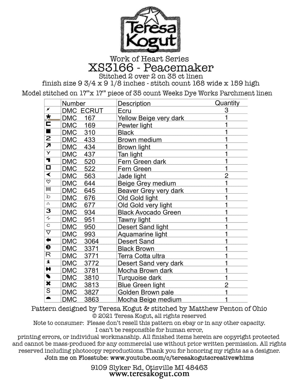 XS3166 Peacemaker Work of Heart Cross Stitch Chart