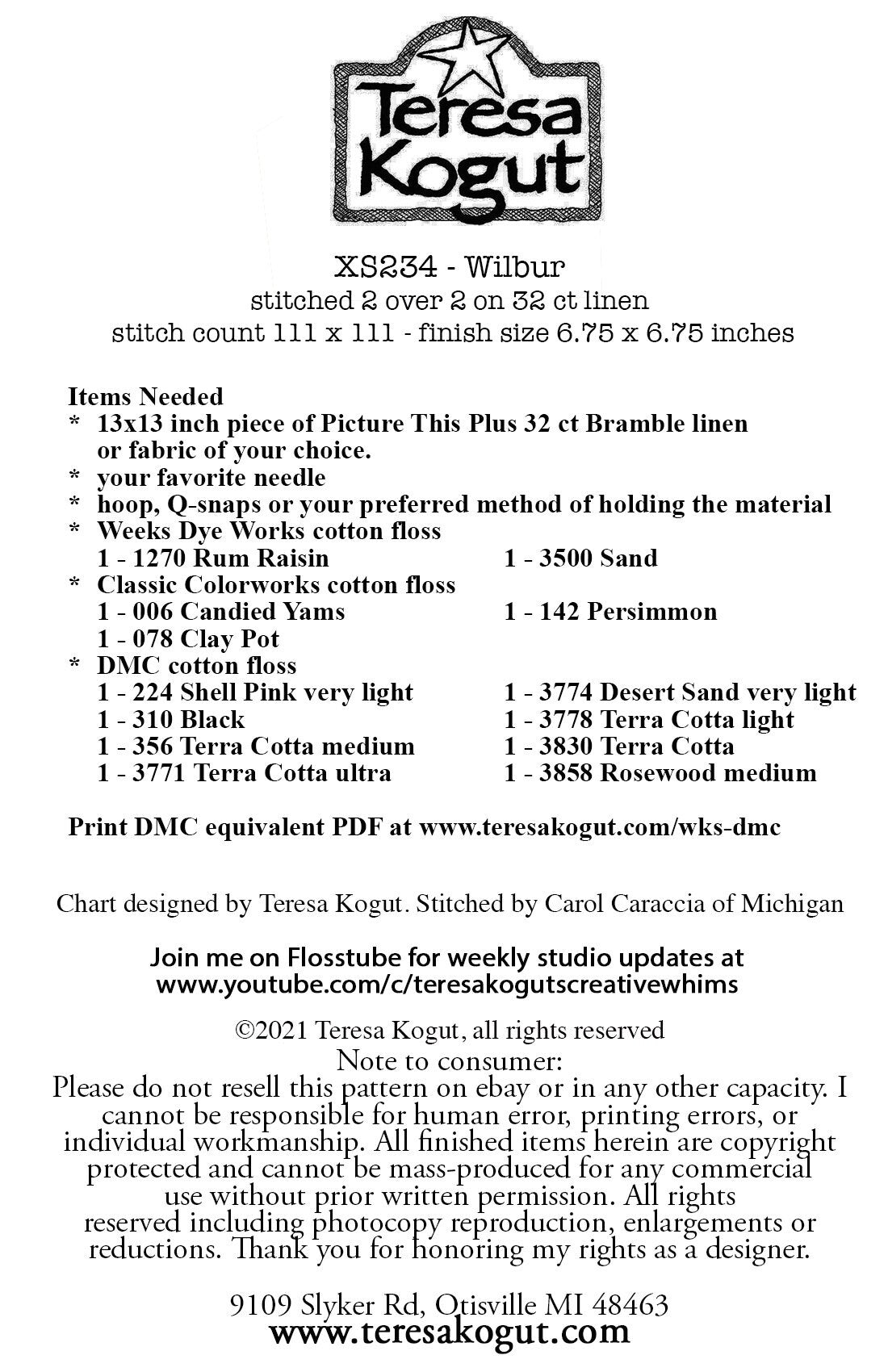 XS234  Wilbur Cross Stitch Chart
