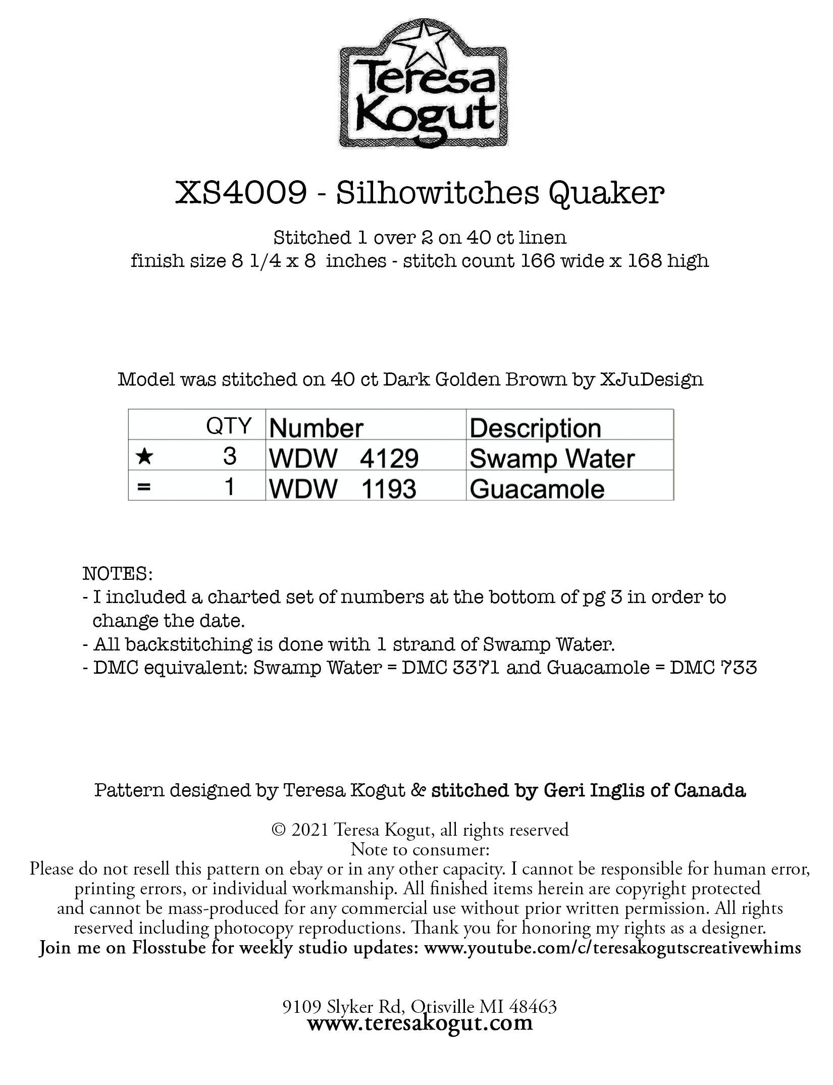 XS4009 Silhowitches Quaker Cross Stitch Chart