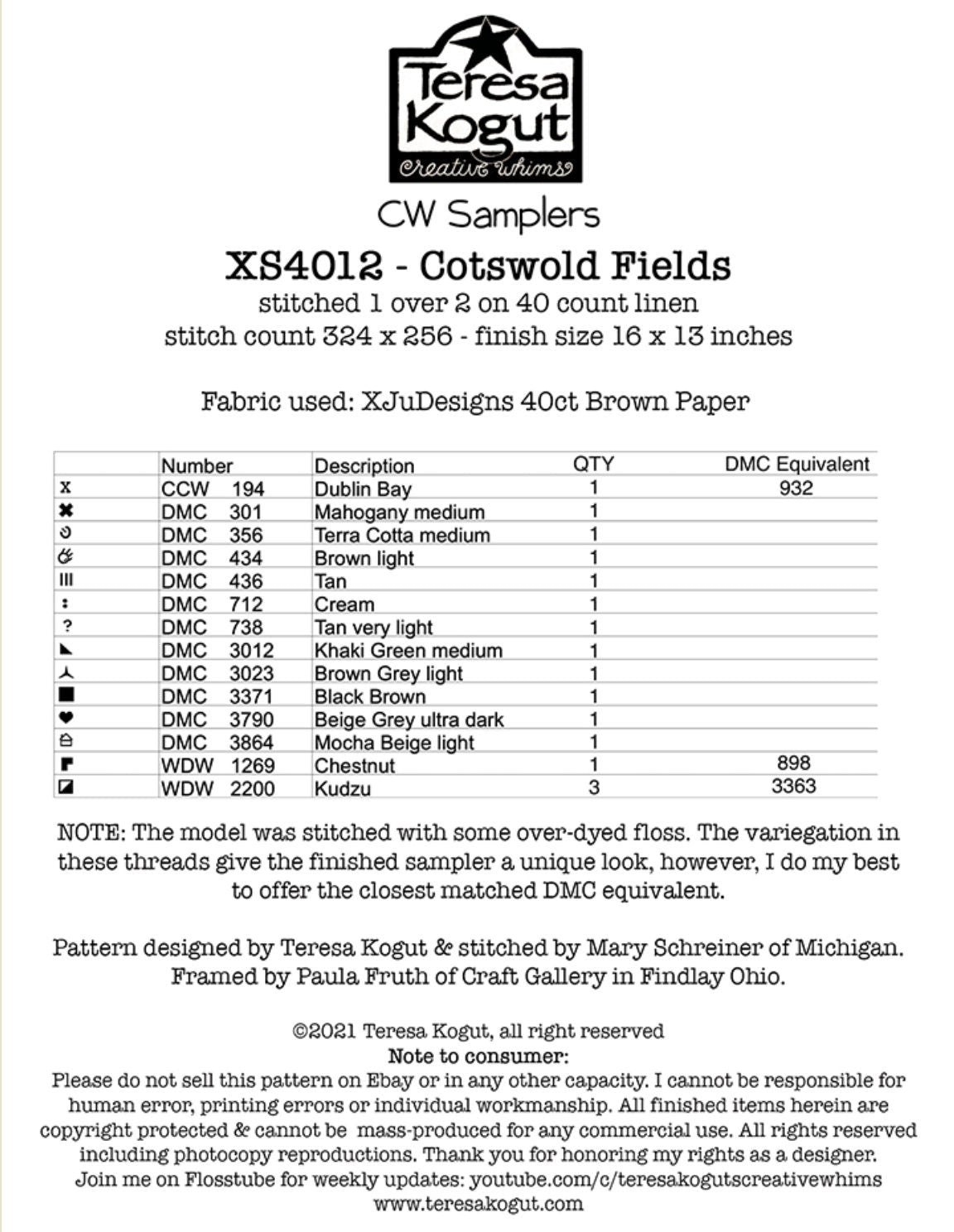 XS4012 Cotswold Fields Cross Stitch Sampler Book