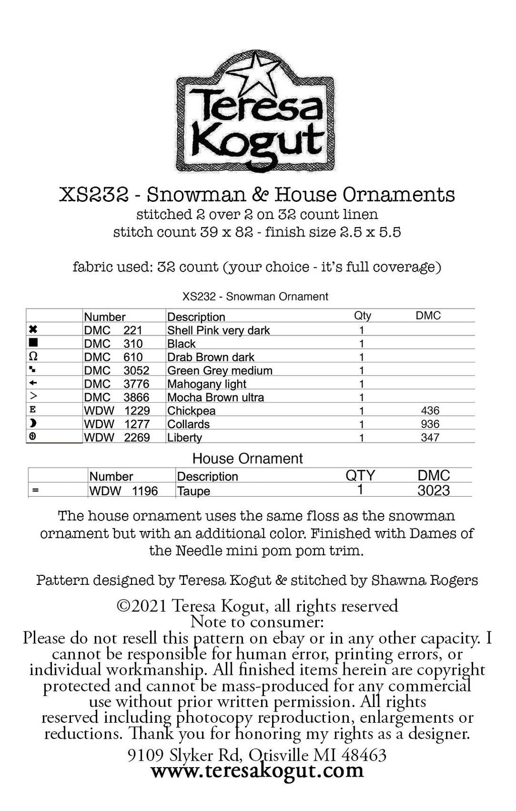 XS232 Snowman & House Ornaments Cross Stitch Chart