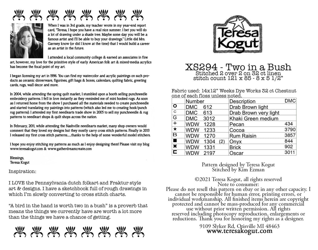 XS294 Two in a Bush Cross Stitch Chart