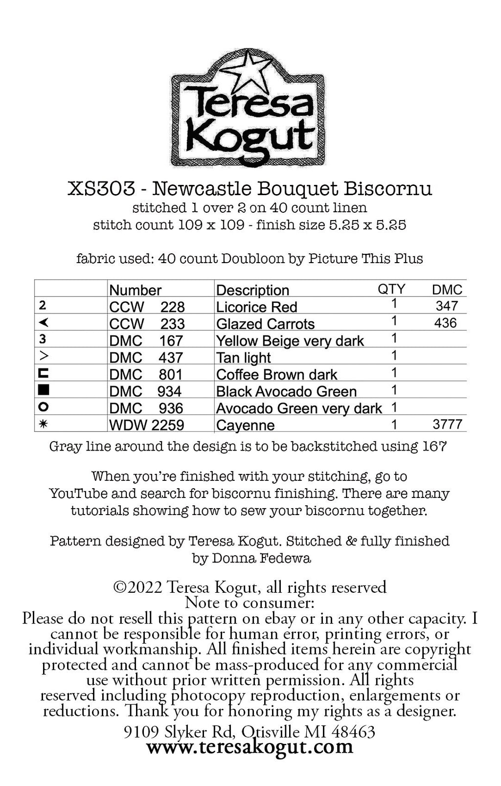 XS303 Newcastle Bouquet Biscornu Cross Stitch Chart
