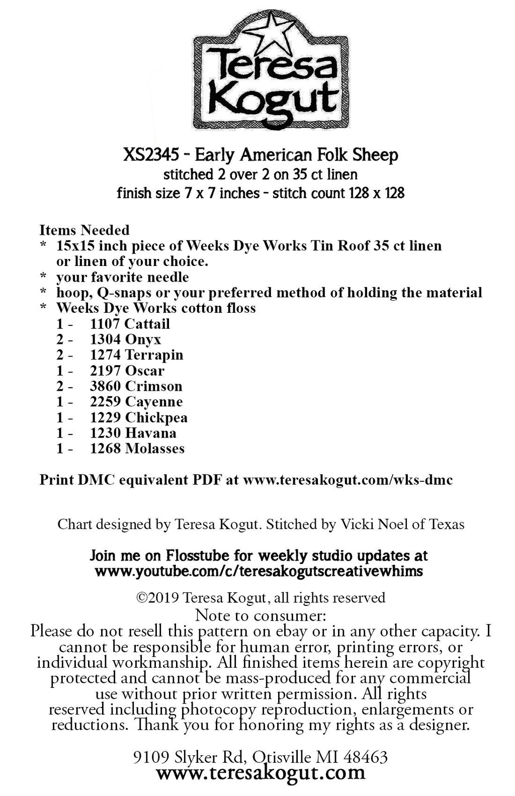 XS2345 Early American Folk Sheep Cross Stitch Chart PDF
