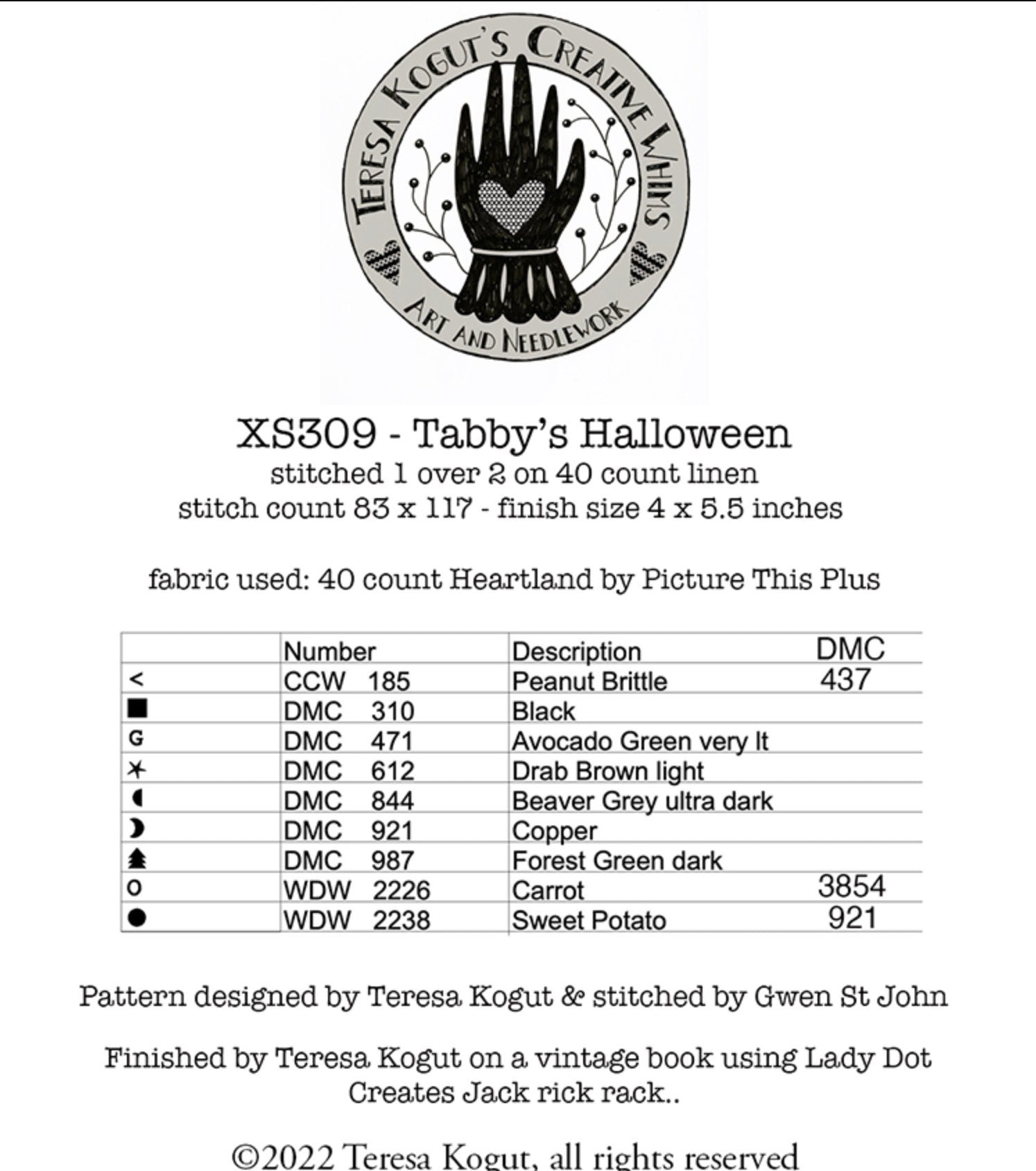 XS309 Tabby's Halloween Cross Stitch Chart