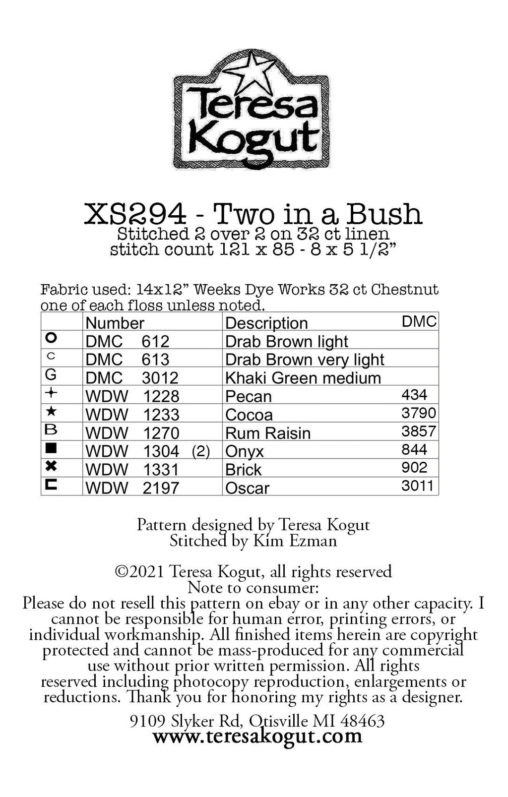 XS294 Two in a Bush Cross Stitch Chart PDF