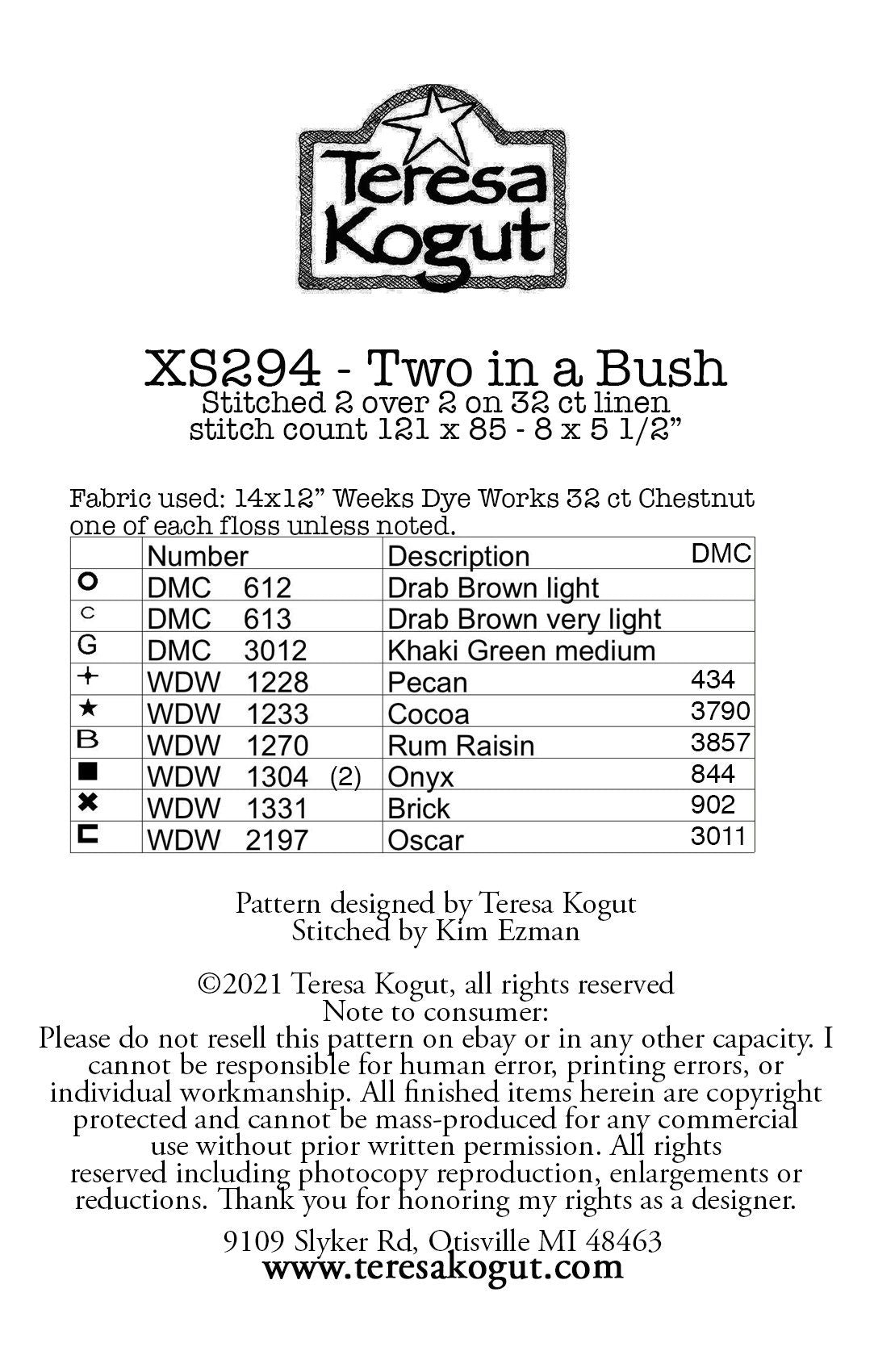 XS294 Two in a Bush Cross Stitch Chart PDF