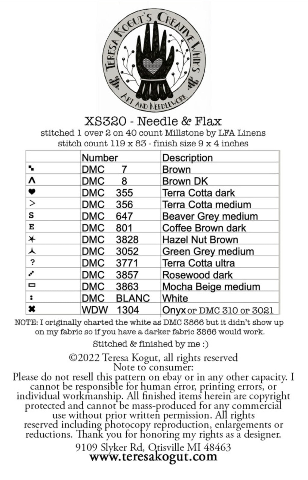 XS320 Needle & Flax Cross Stitch Chart