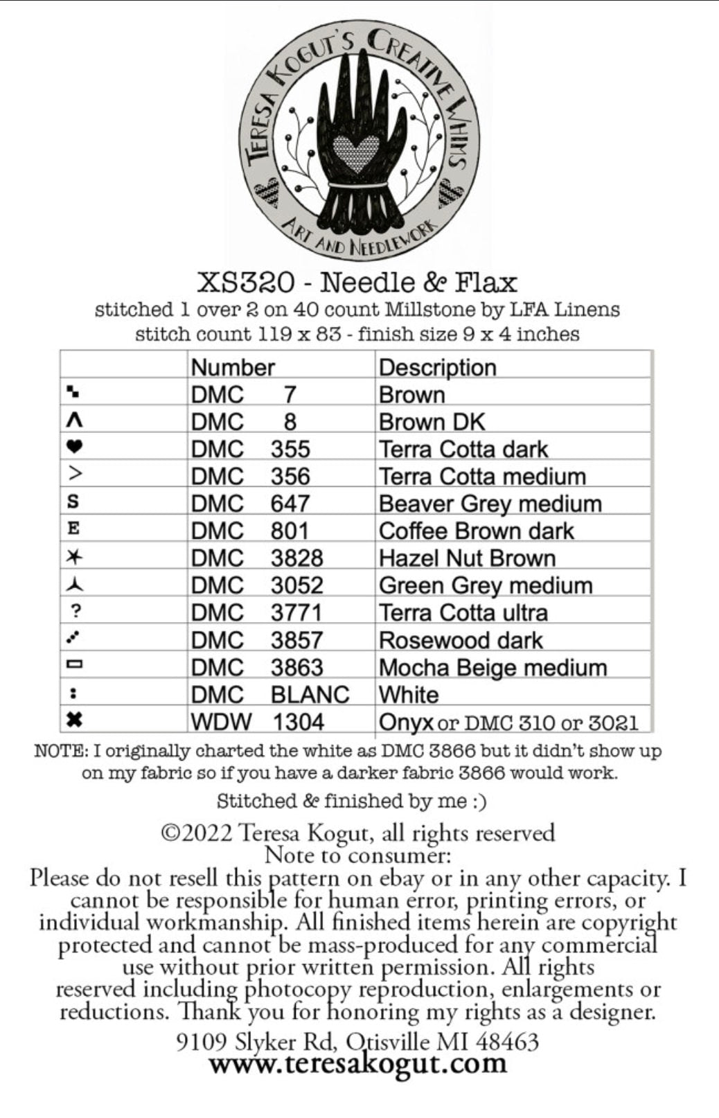 XS320 Needle & Flax Cross Stitch Chart