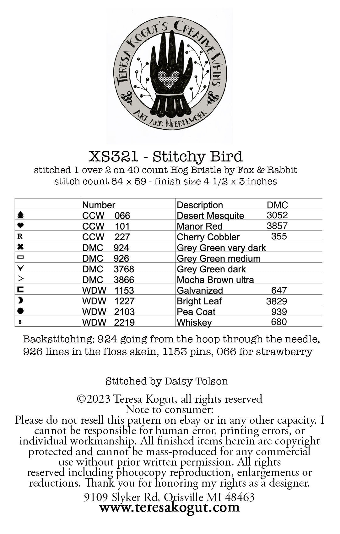 XS321 Stitchy Bird Cross Stitch Chart