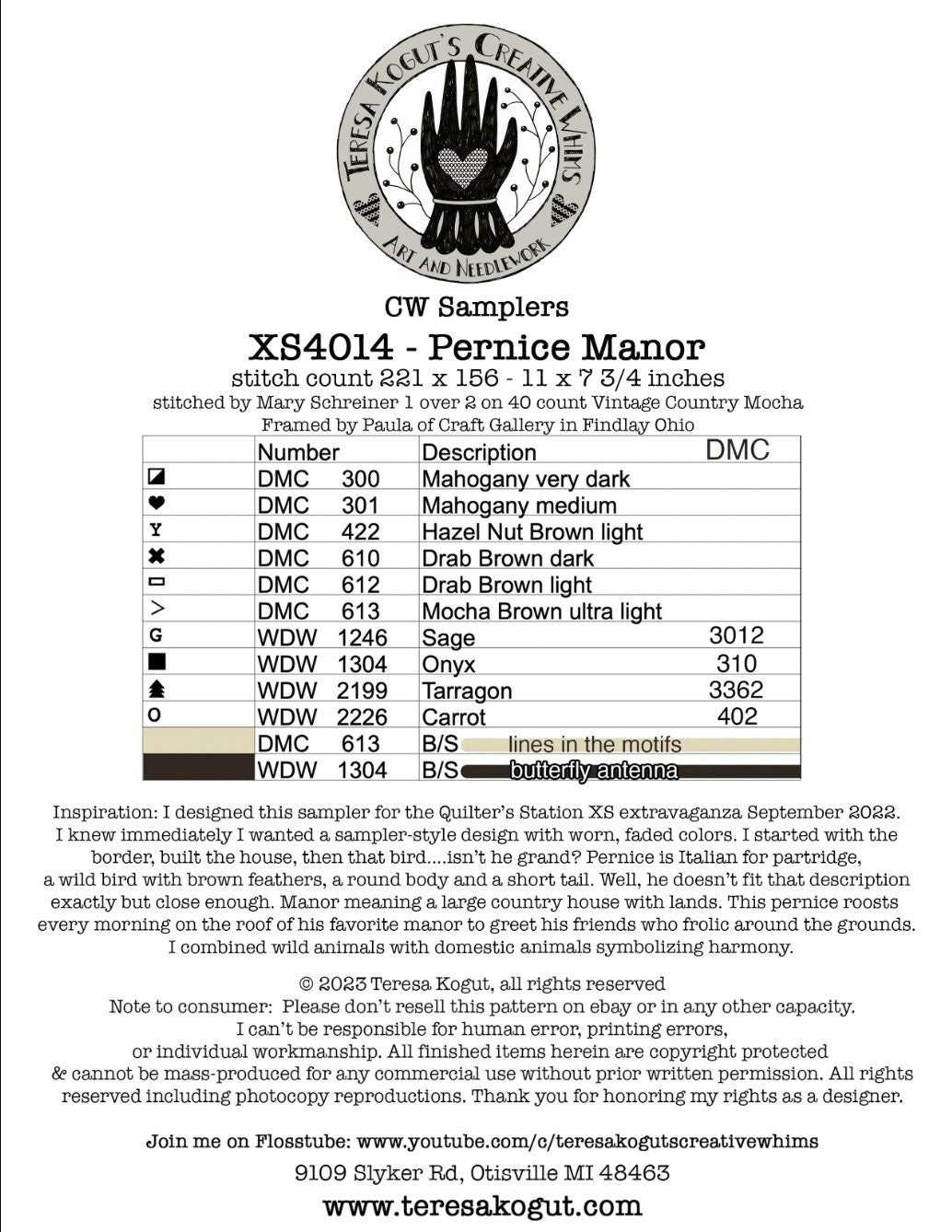XS4014 Pernice Manor Cross Stitch Chart