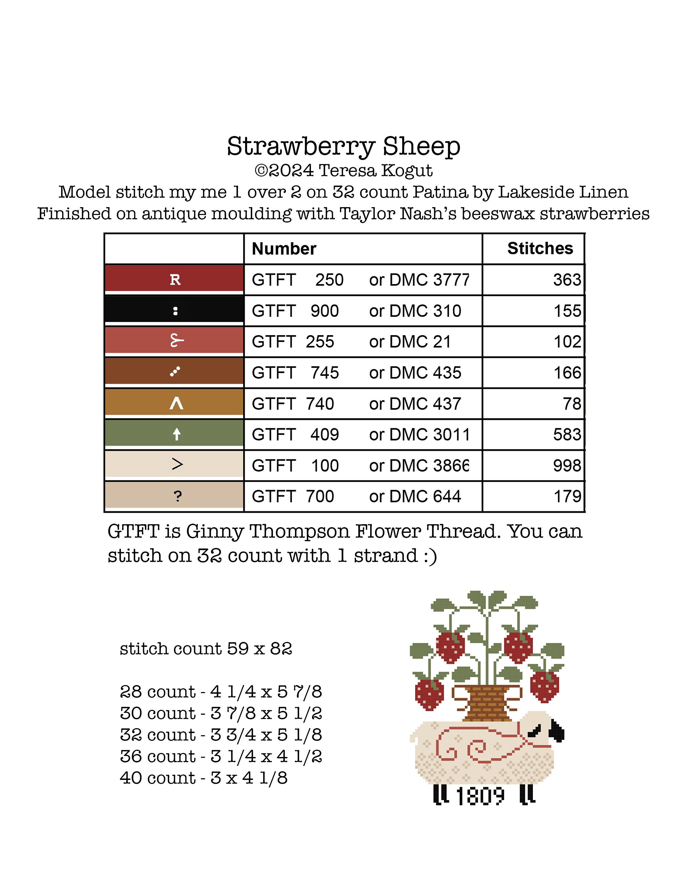 XS329 Strawberry Sheep Cross Stitch Chart