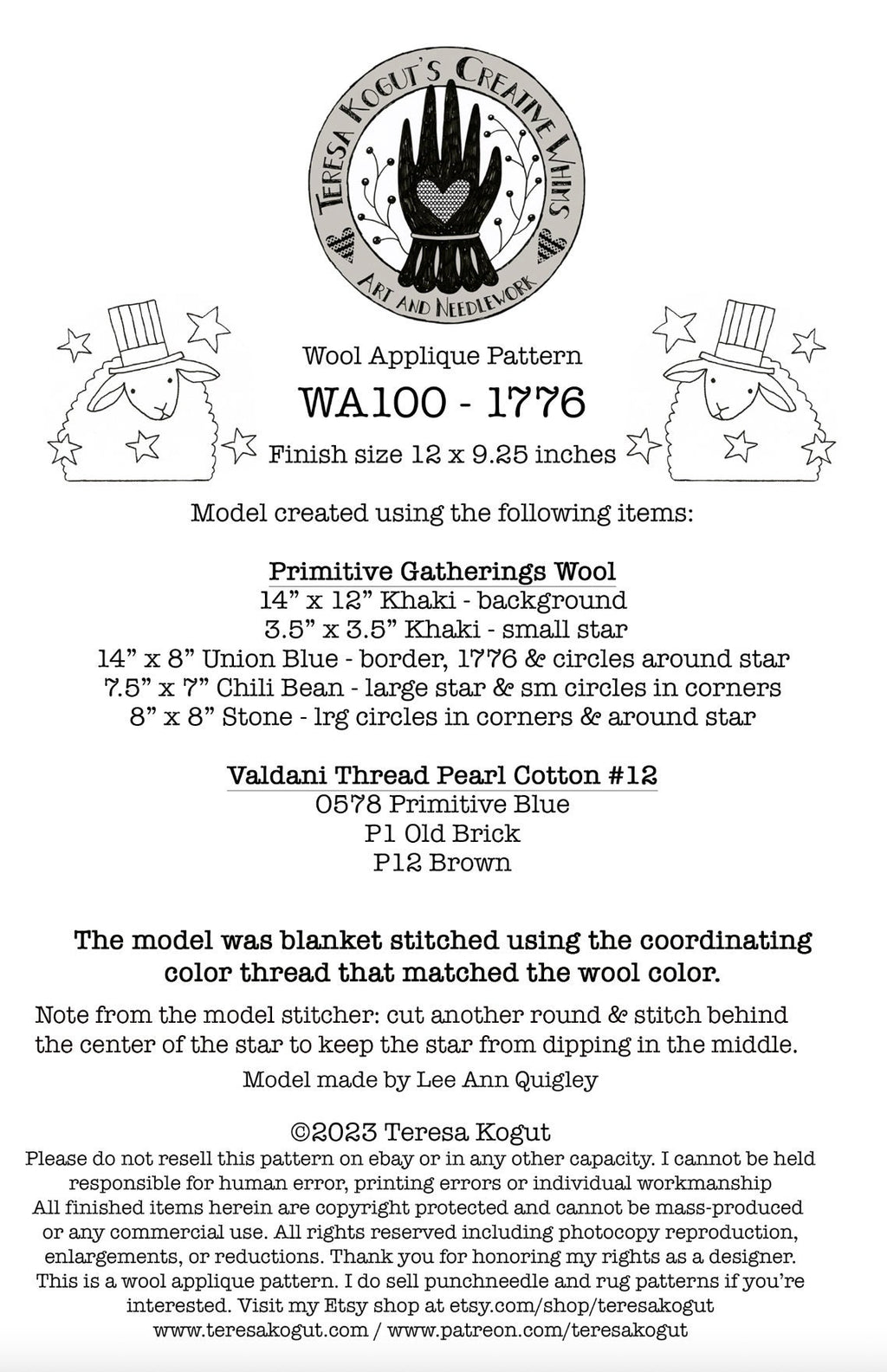 WA100  1776 Wool Applique Pattern