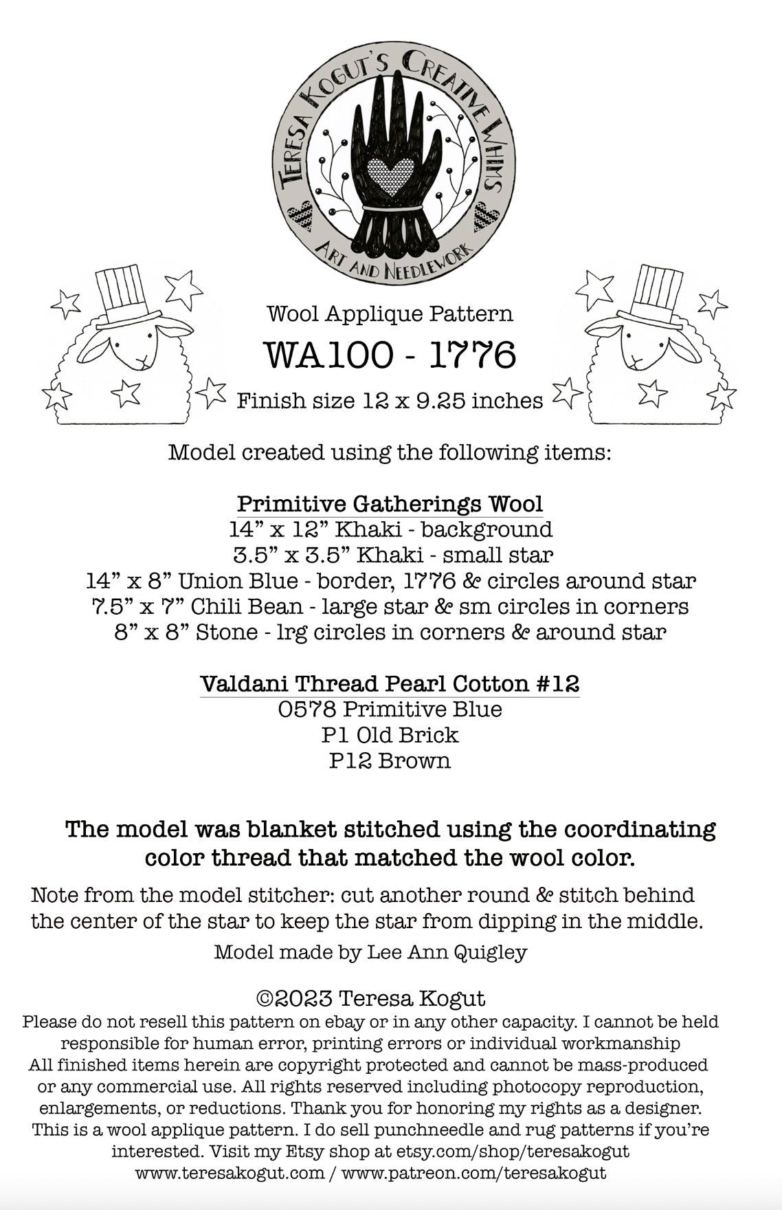 WA100  1776 Wool Applique Pattern