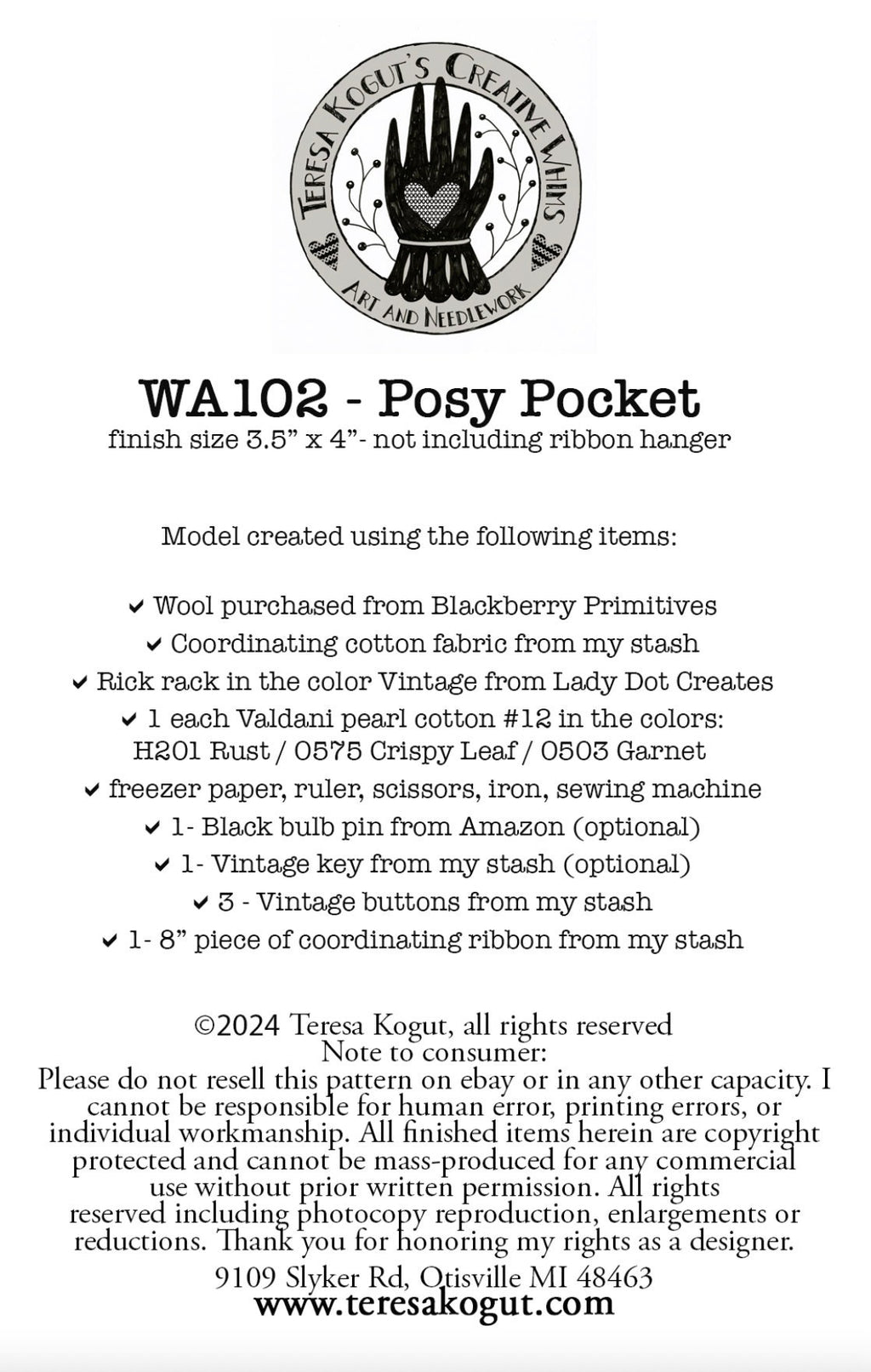 WA102 Posy Pocket Wool Applique Pattern