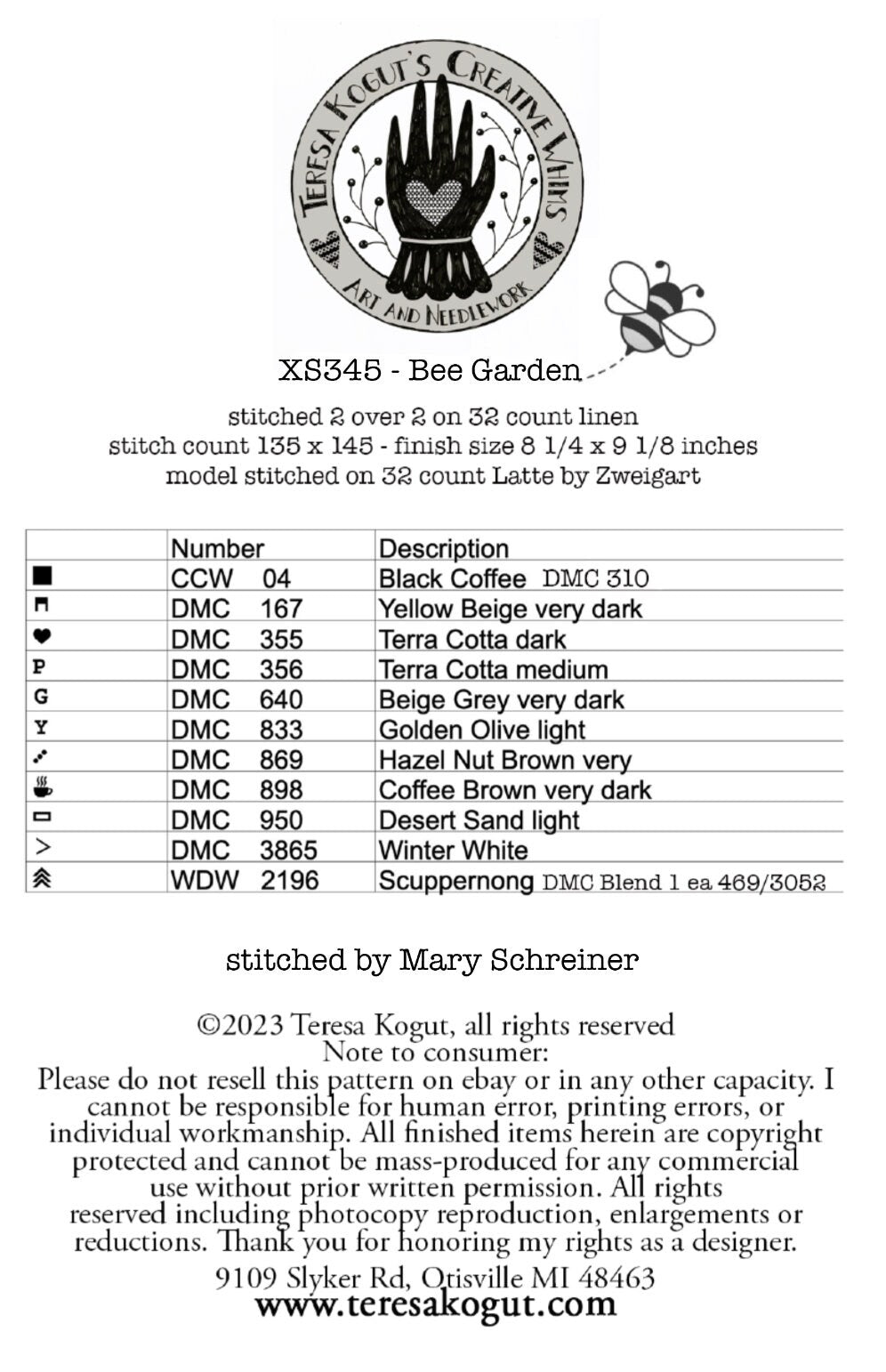 XS345 Bee Garden Cross Stitch Chart