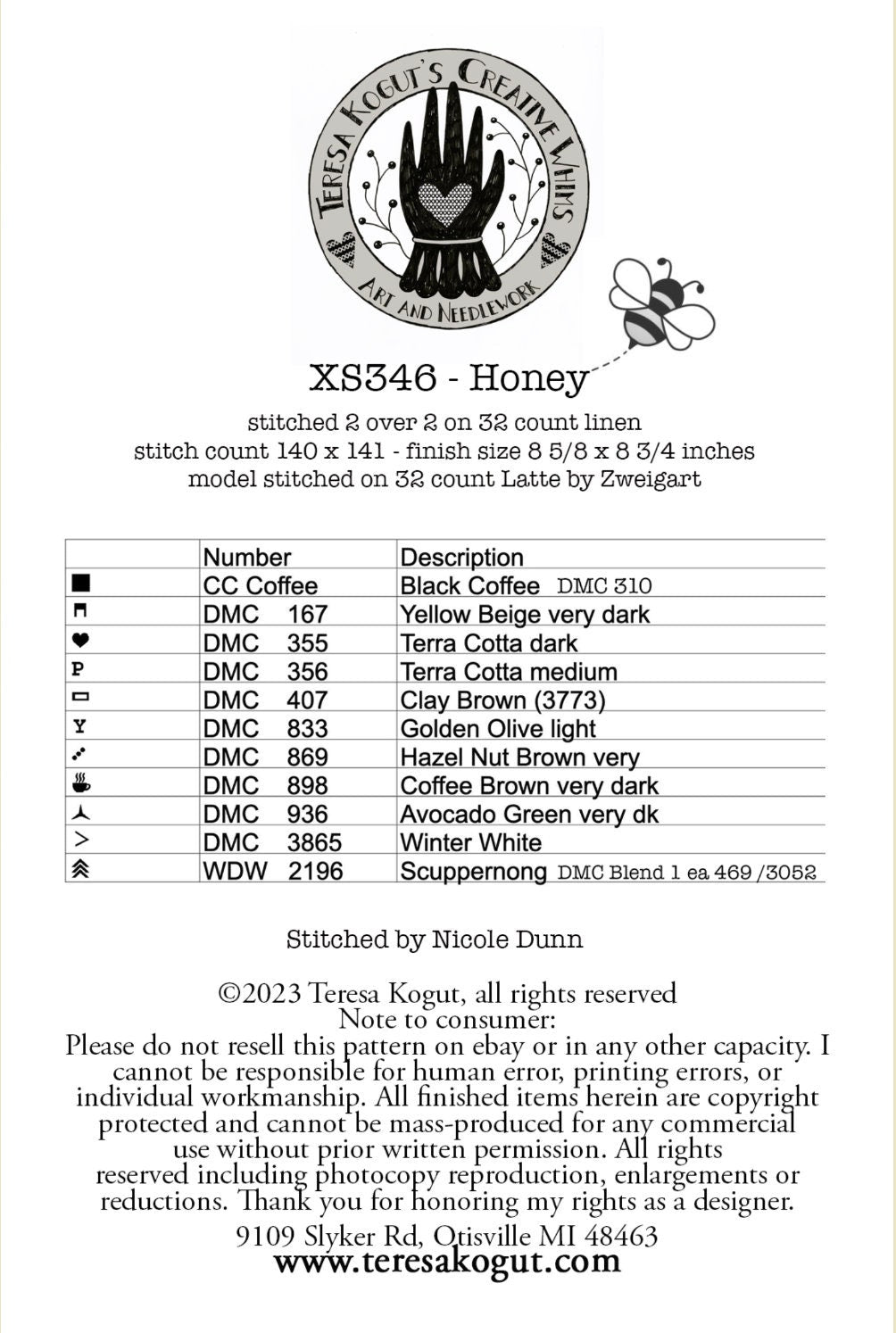 XS346  Honey Cross Stitch Chart