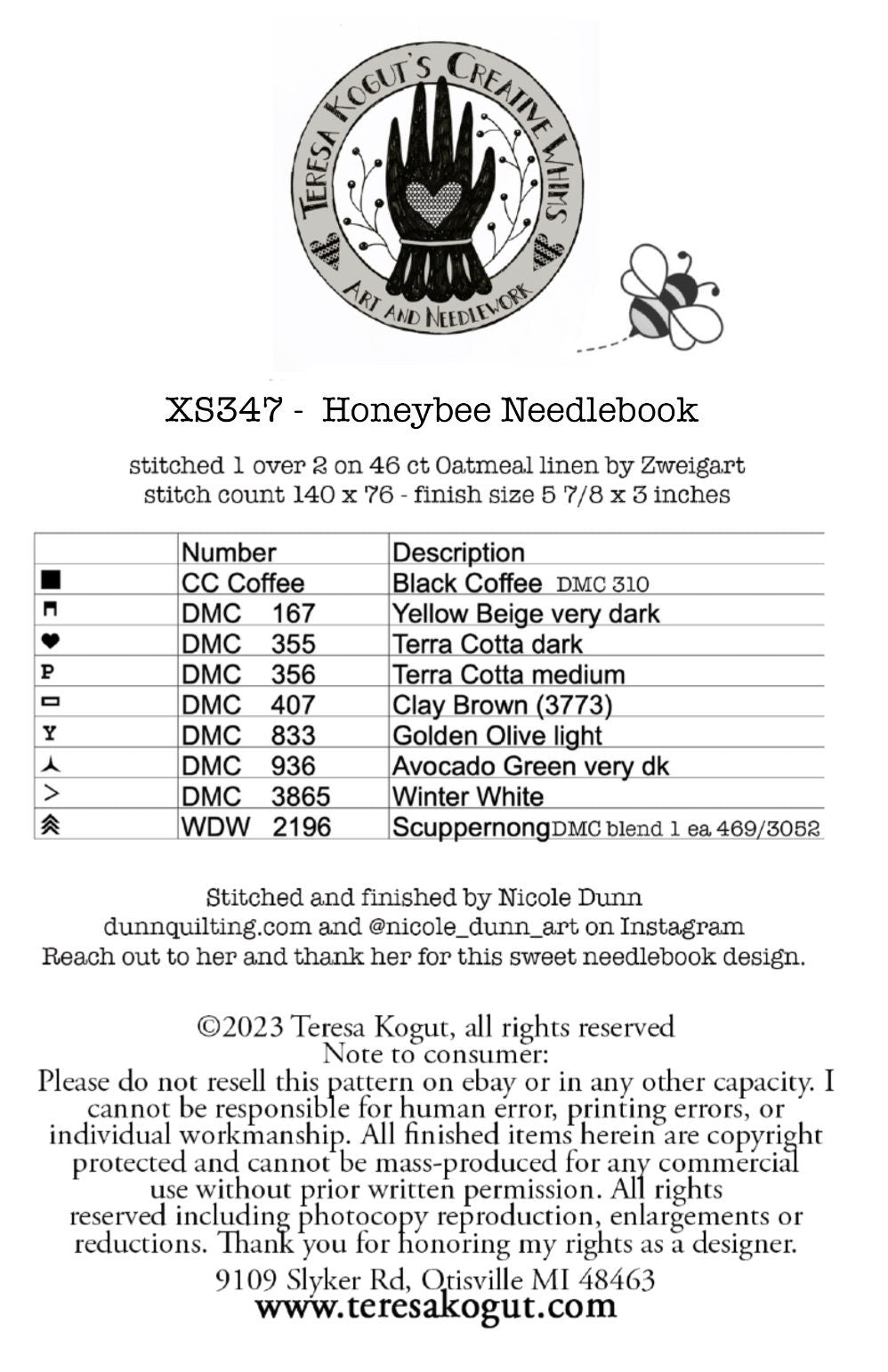 XS347 Honeybee Needlebook Cross Stitch Chart