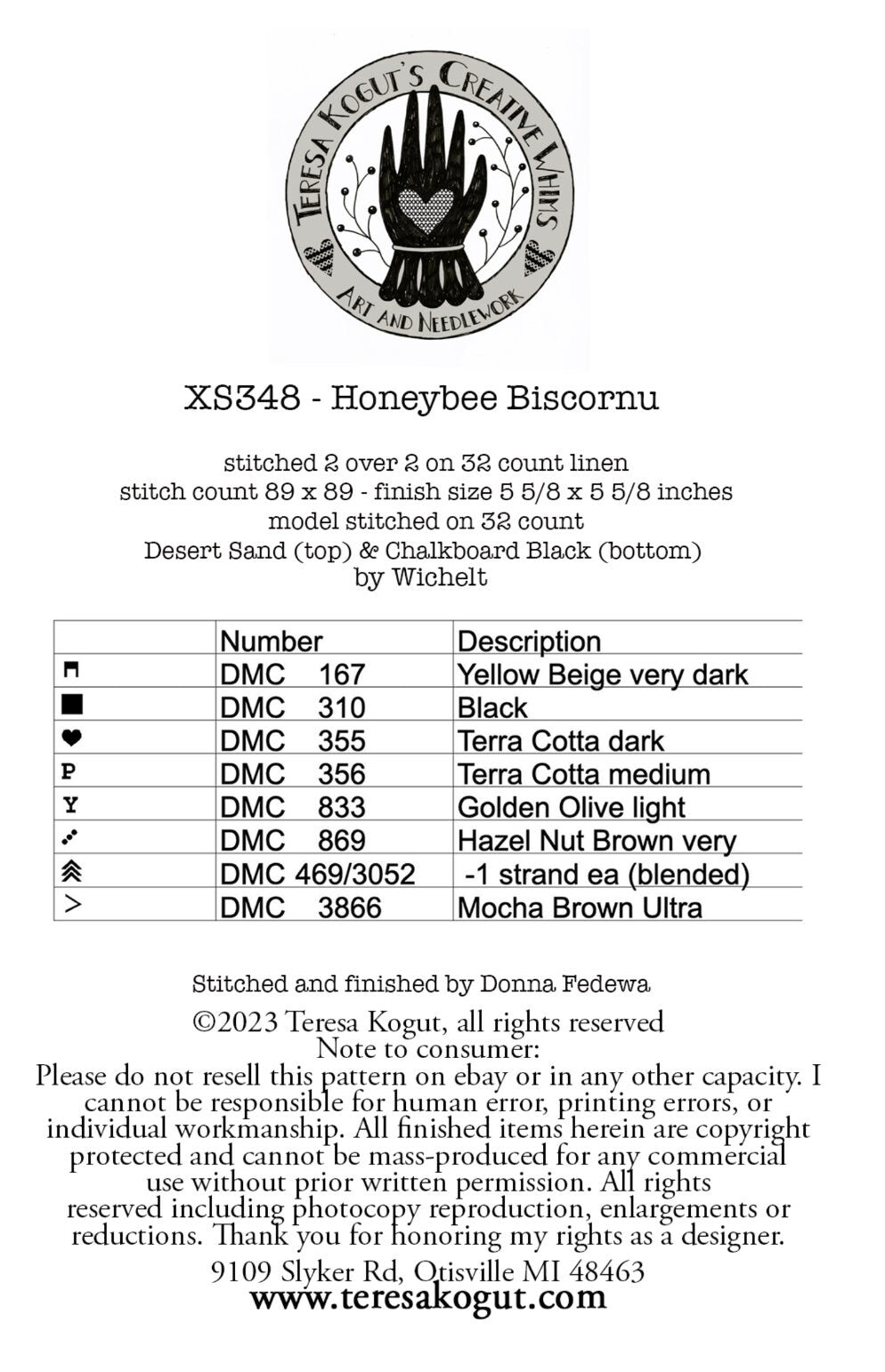 XS348 Honeybee Biscornu Cross Stitch Chart