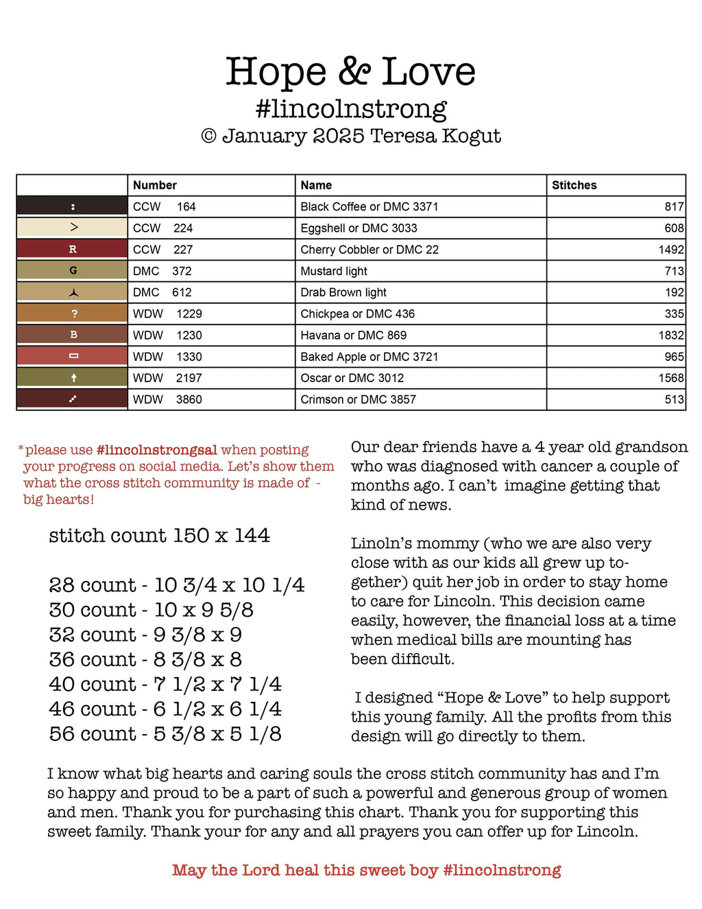 Hope & Love #lincolnstrong Cross Stitch Chart PDF