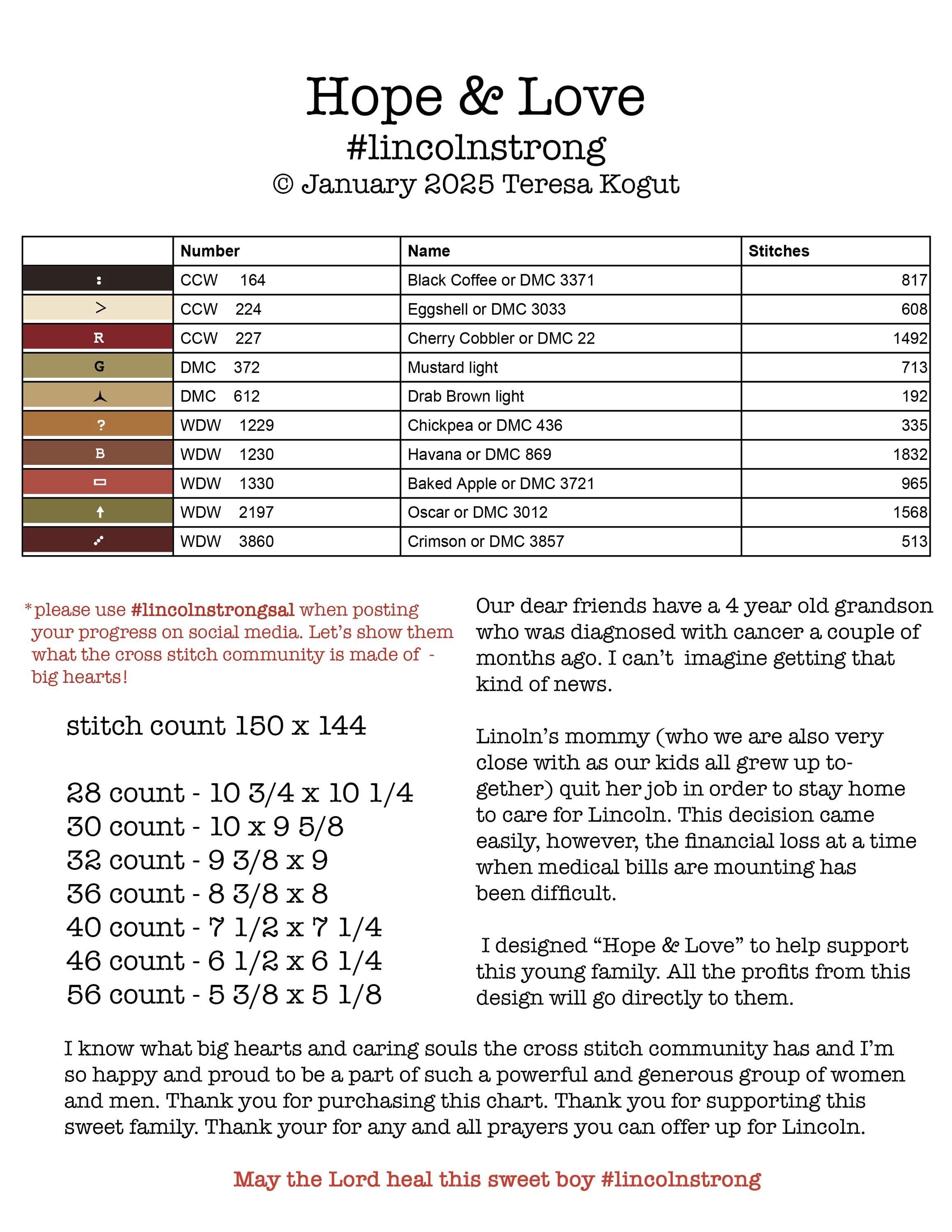 Hope & Love #lincolnstrong Cross Stitch Chart PDF