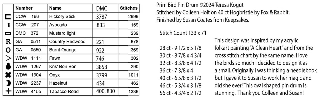 XS353 Prim Birds Pin Drum Cross Stitch Chart