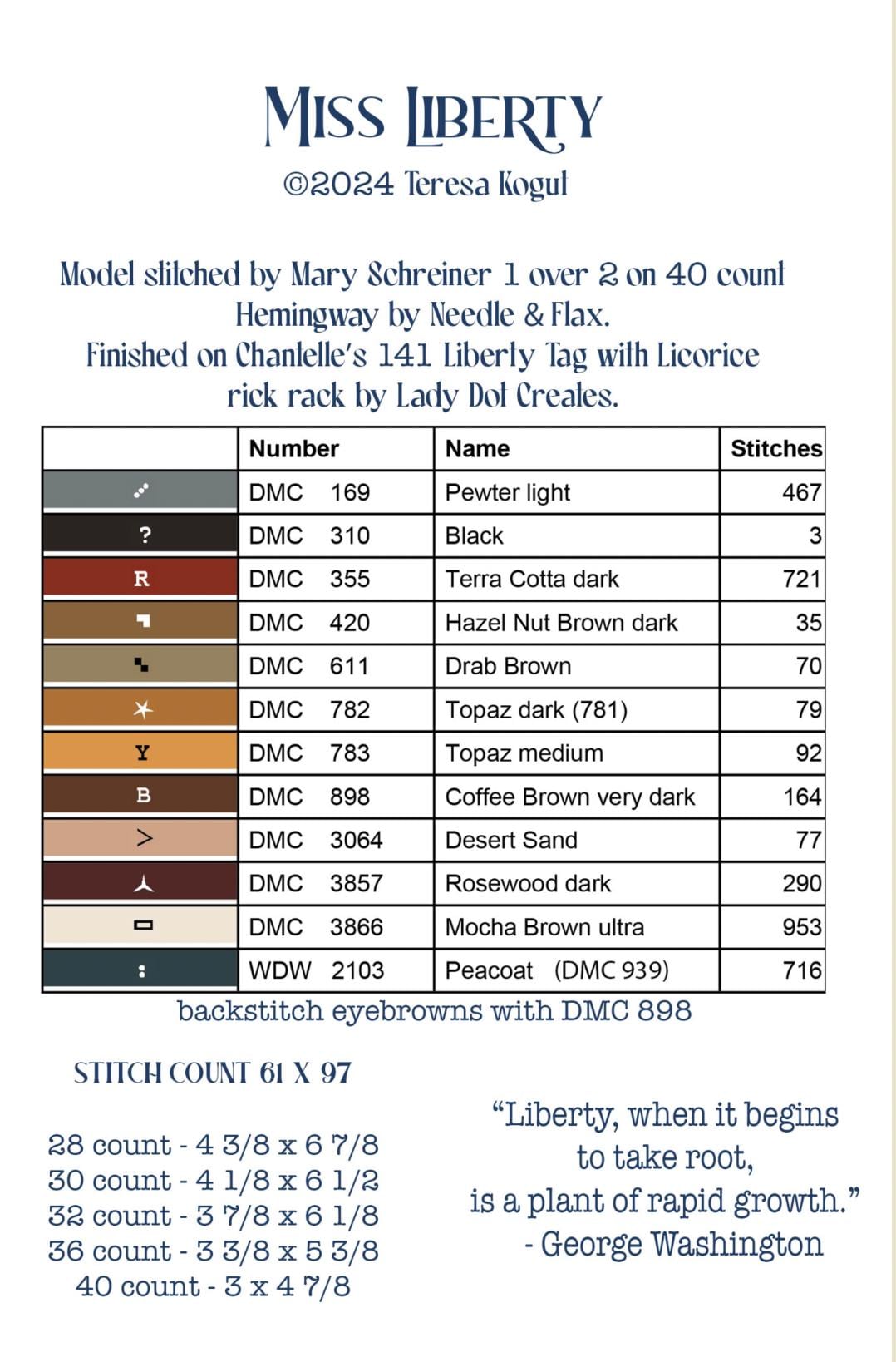 XS368 Miss Liberty Cross Stitch Chart